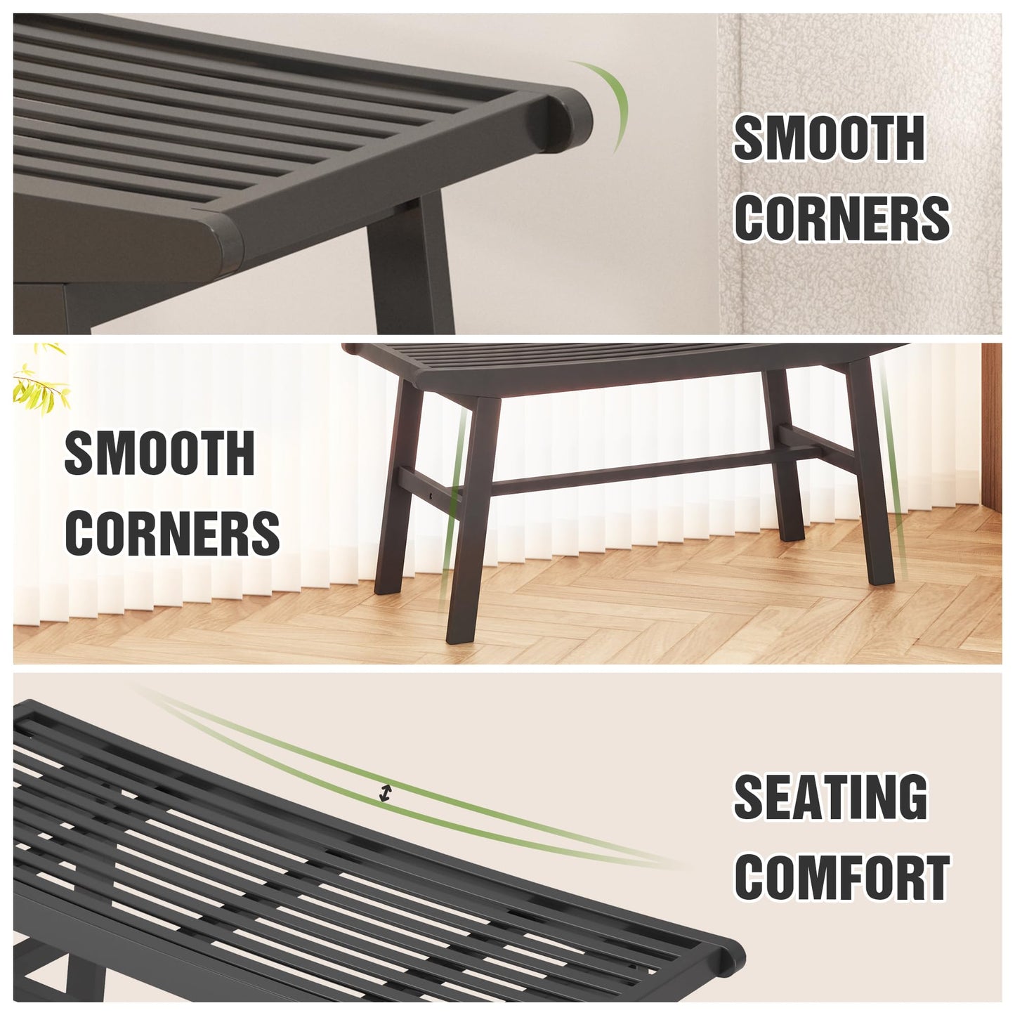 Bamboo Dining Bench Indoor Long Bench Sturdy & Comfortable Indoor Storage Bench Durable Slat Woven Design Modern Entryway Seating for Hallway (Black, 1 Tier)