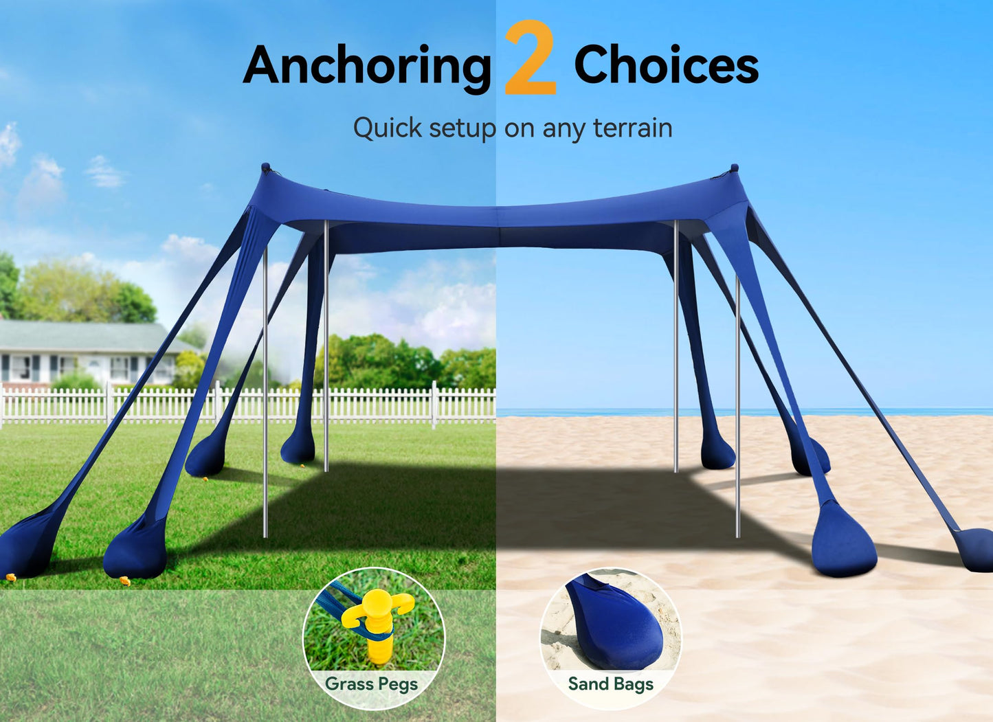 Vibemo Beach Tent, Beach Canopy Sun Shade with UPF50+ UV Protection, 10x10ft, Includes 8 Sandbags, Sand Shovel, Ground Pegs & 4 Stability Poles, Pop Up Sun Shelter for Camping, Picnics, Backyard Fun