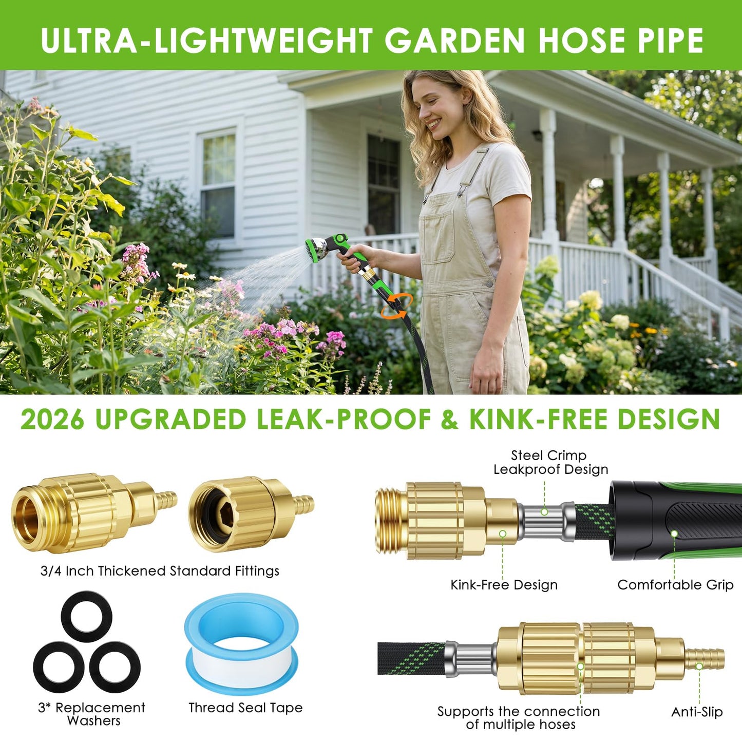 HORTICORA Non-Expanding Garden Hose 100 ft, Lightweight Hose & Flexible Water Hose With 10-Pattern Spray Nozzle, Kink-Free Design, Durable Leakproof Yard Outdoor Hose, Portable Storage Strap, 100 Feet