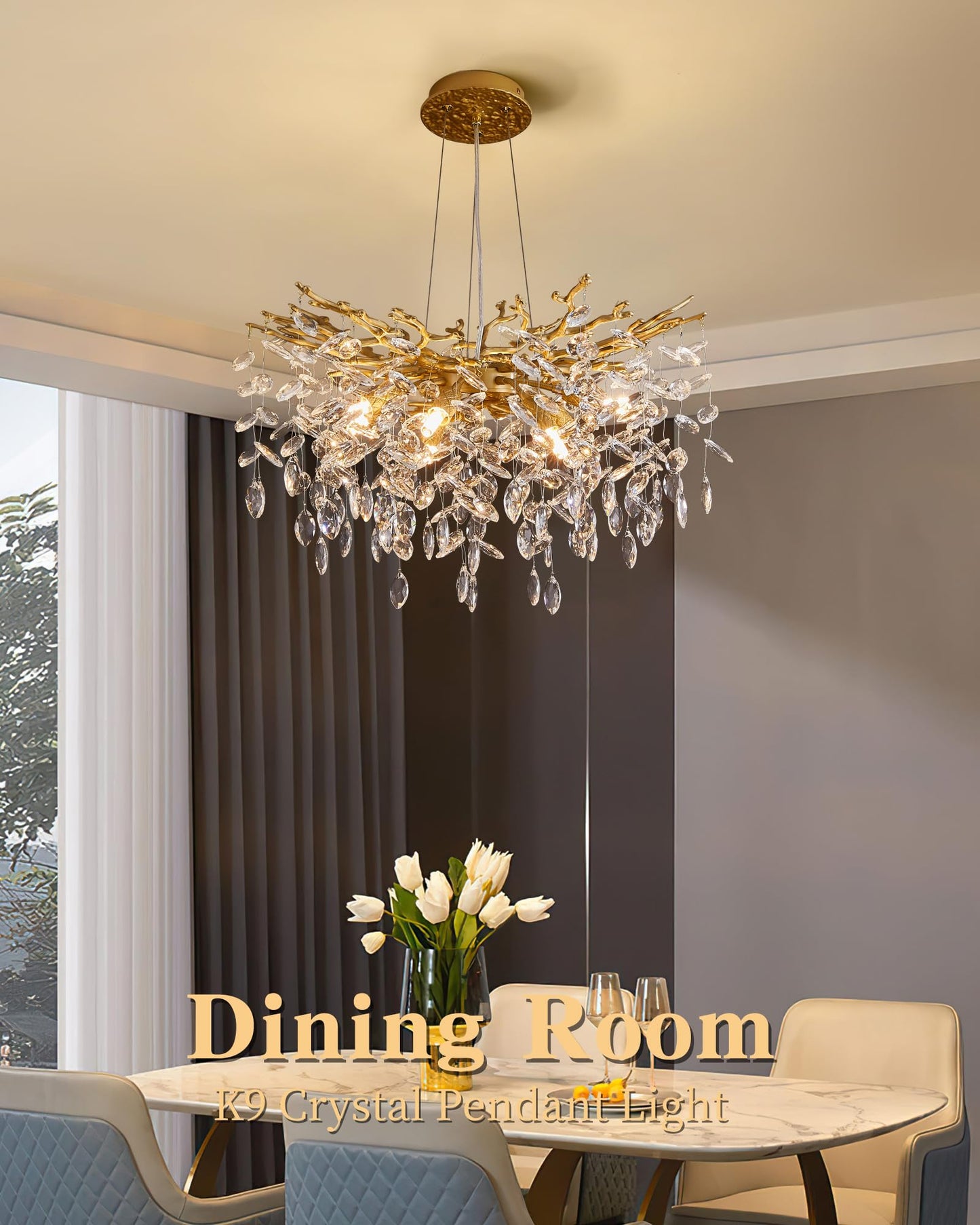 witkey Modern Tree Branch Crystal Chandelier Luxury Gold Crystal Pendant Lighting 23.6" Contemporary 8-Light Chandeliers for Dining Room Kitchen Bedroom Living Room