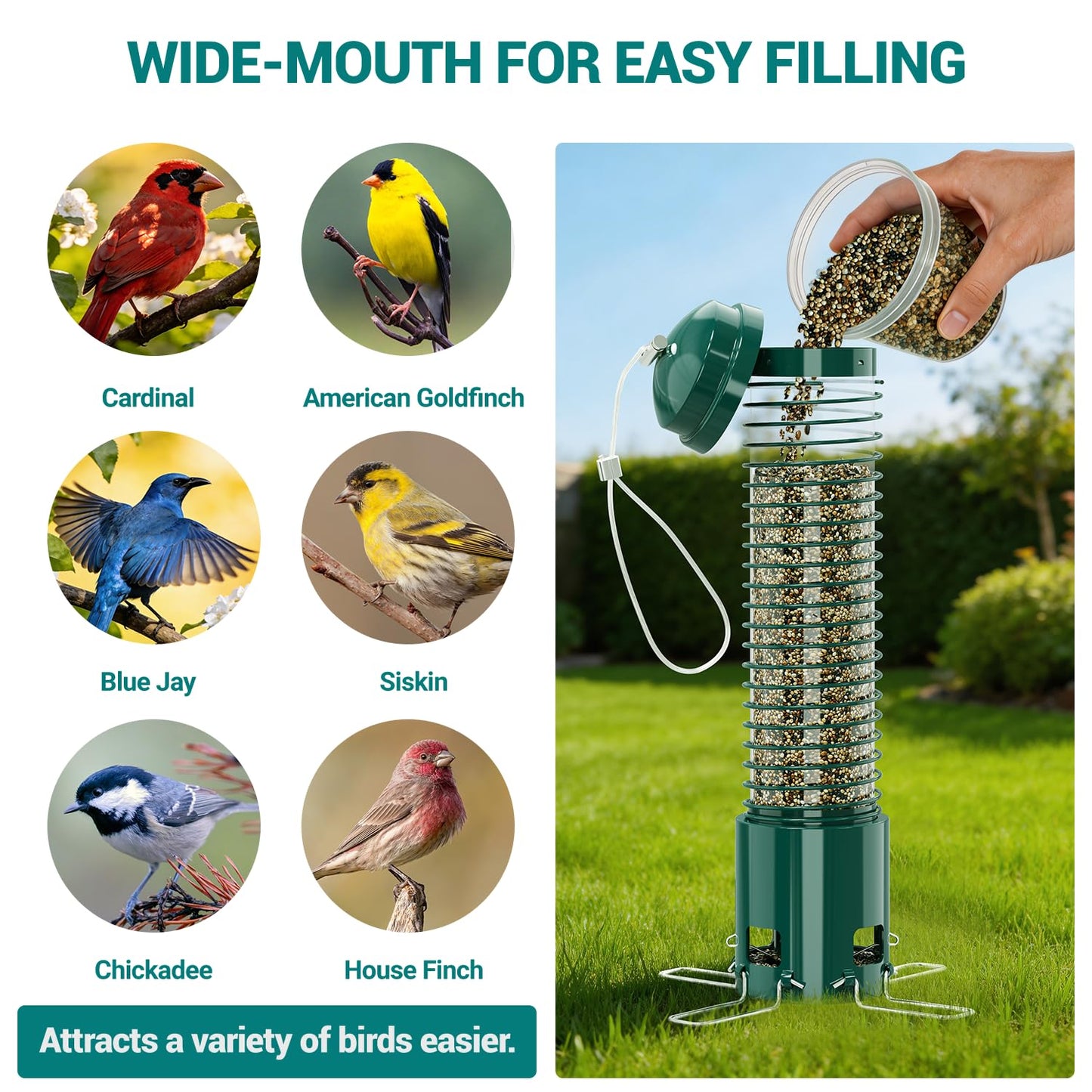 Squirrel Proof Bird Feeder, Metal Bird Feeders for Outdoors Hanging, 3.6LB Large Seeds Capacity for Wild Birds, Finch, Cardinal, Blue Jay, Chickadee, Green