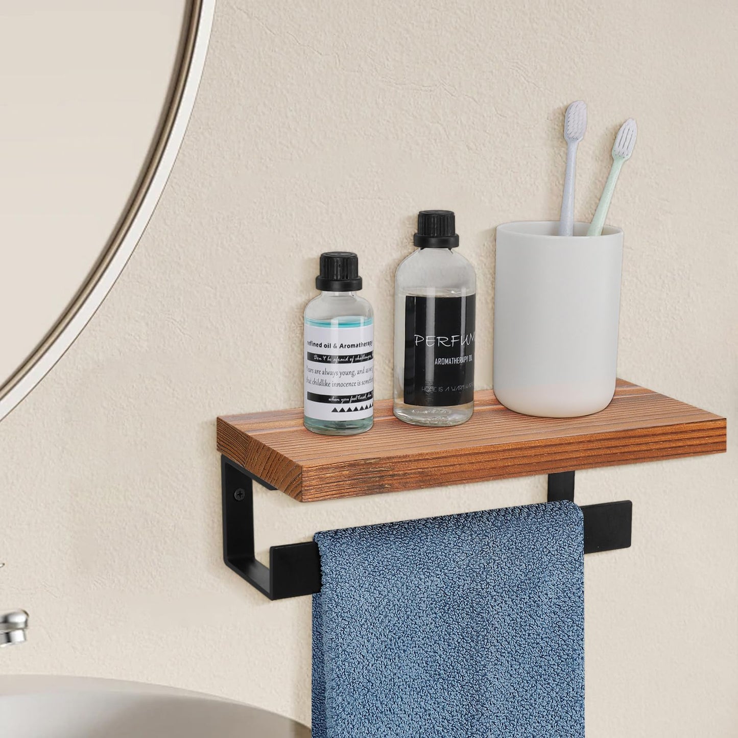 Winmien Hand Towel Holder/Towel Ring with Wooden Shelf, Hand Towel Rack, Hand Towel Hanger for Bathroom, Bath Accessories Wall Mounted, Matte Black (9"-Squ Shaped)