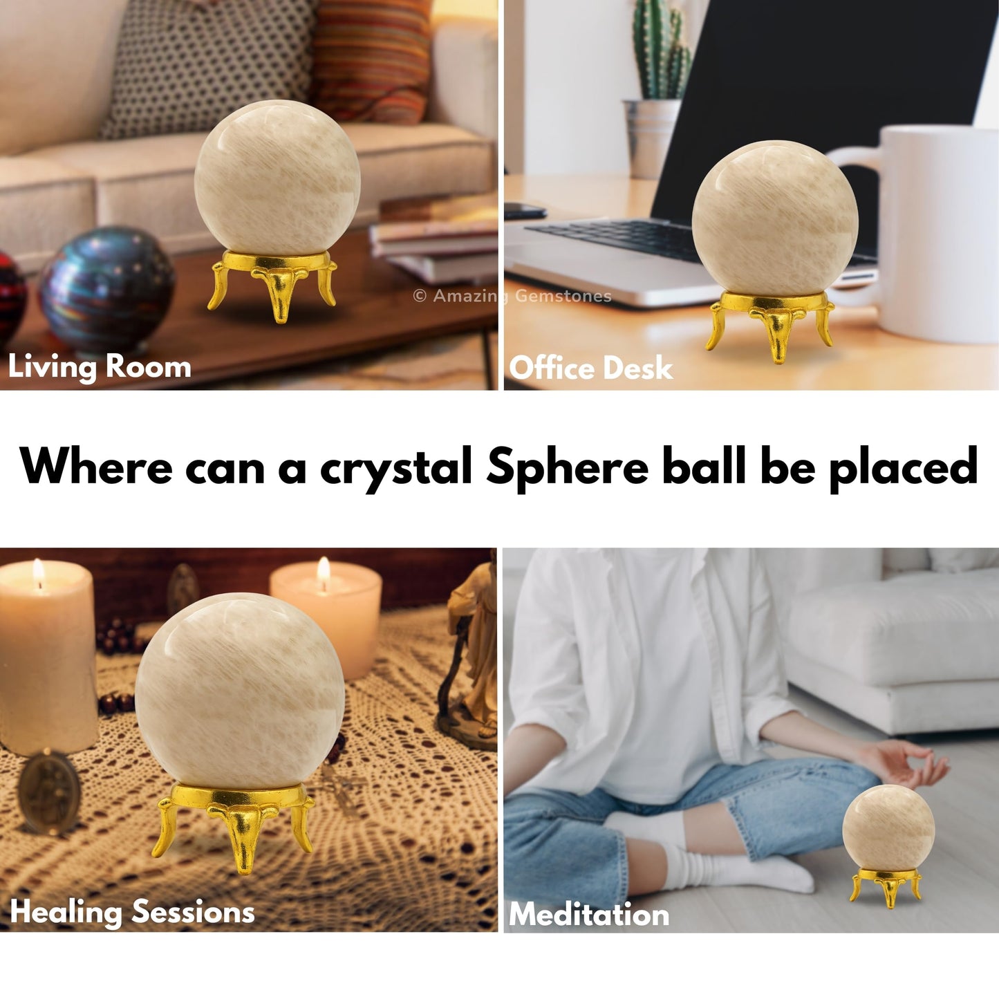 Amazing Gemstone Cream Moonstone Crystal Ball with Stand - 2 Inches Crystal Sphere Meditation Balls for Witchcraft and Decorative Balls