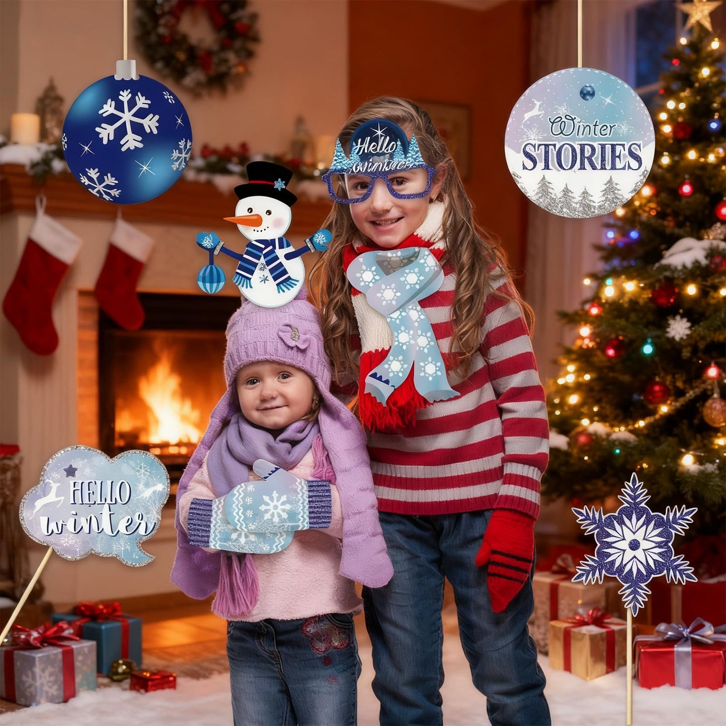 Winter Photo Booth Props - Set of 33 Winter Wonderland Party Decorations Christmas Photo Booth Props for Froze Party Holiday Party Supplies
