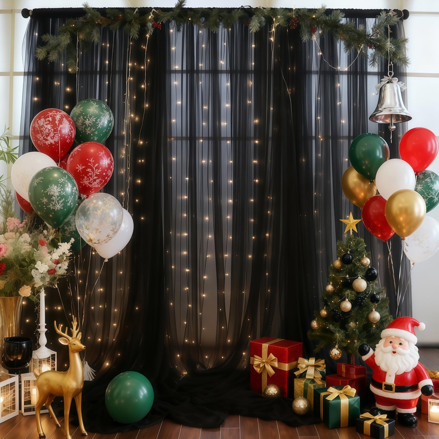 10×10ft Black Tulle Backdrop Curtain with Lights String for Parites, Sheer Photo Backdrop Curtains for Wedding Party Photography Background