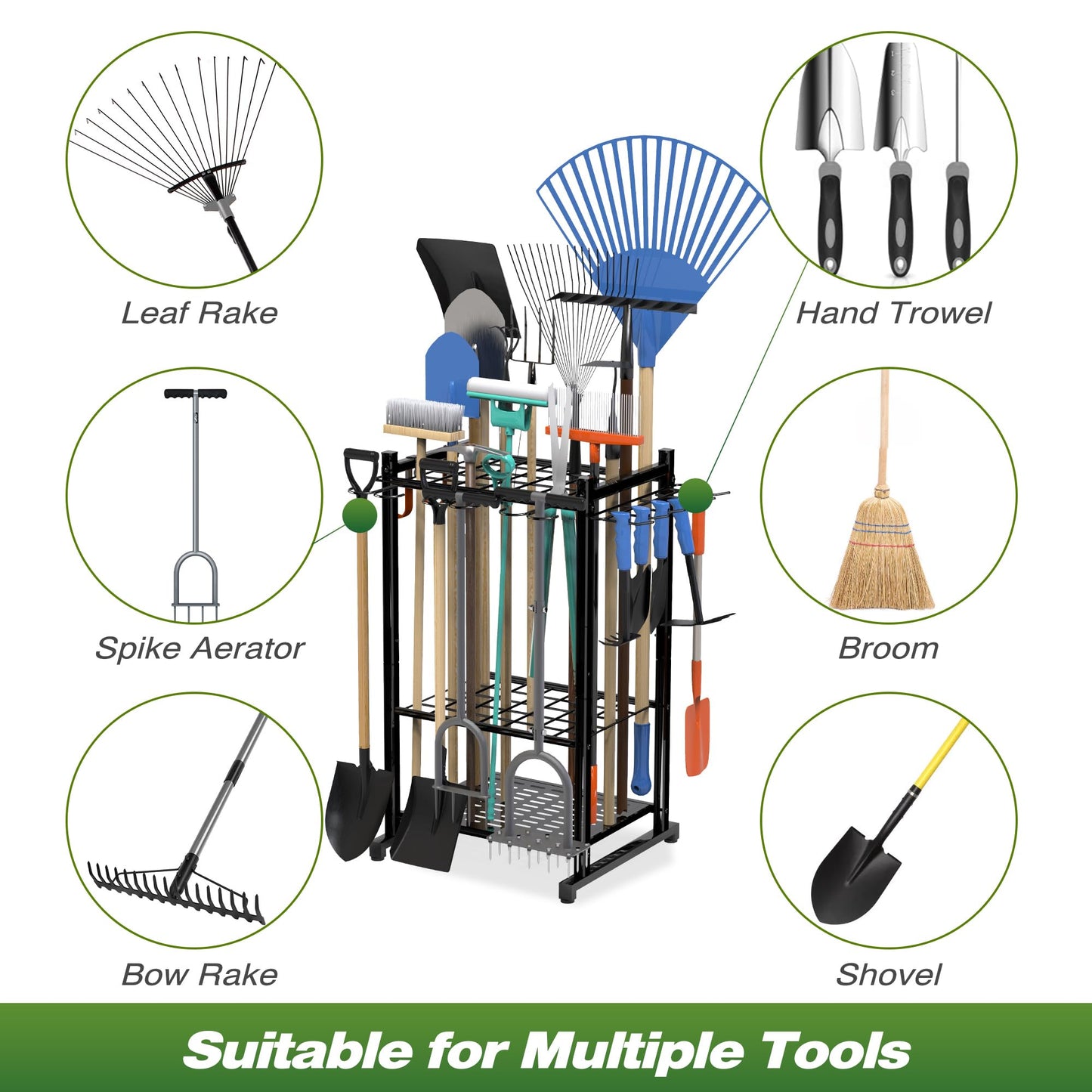Sttoraboks Garden Tool Organizer Rack Up to 50 Tools, Heavy-Duty Steel Yard Tool Organizer for Garage Storage with 11 Hooks, Broom Holder & Garden Tool Rack for Shed, Patio, Outdoor Use, Black