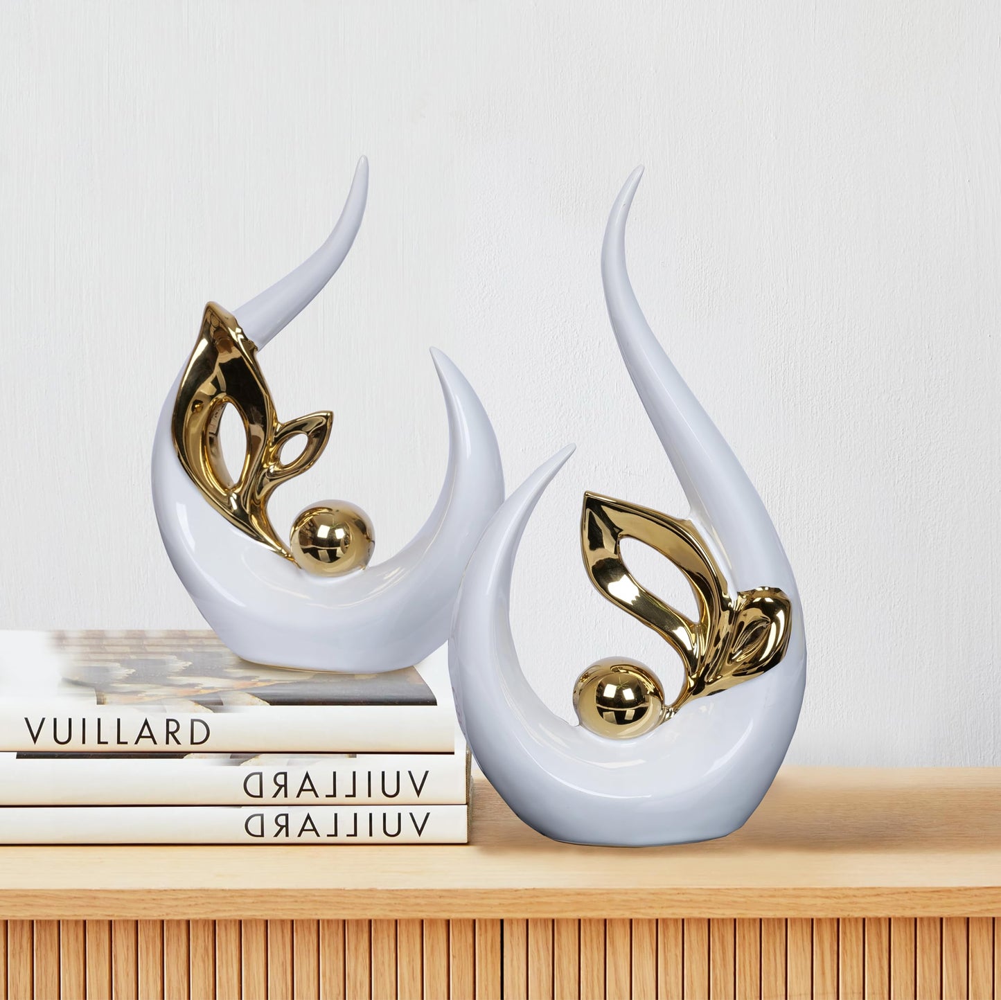 2 PCS White Gold Home Decor Accent Ceramic Statue Abstract Sculptures Centerpieces Mid Century Modern Decor for Tables Coffee Table top Decorations for Living Room Desktop Shelf Dining Room Kitchen