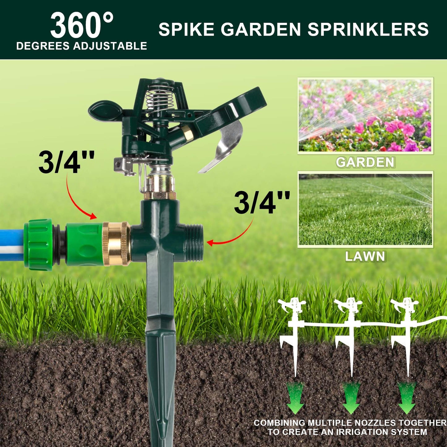 2 Packs Spike Sprinklers for Yard, Impact Sprinkler on Metal Step Spike Base, Adjustable Zinc Alloy Water Sprinkler for 360 Degree Large Area Yard Garden Lawn Irrigation