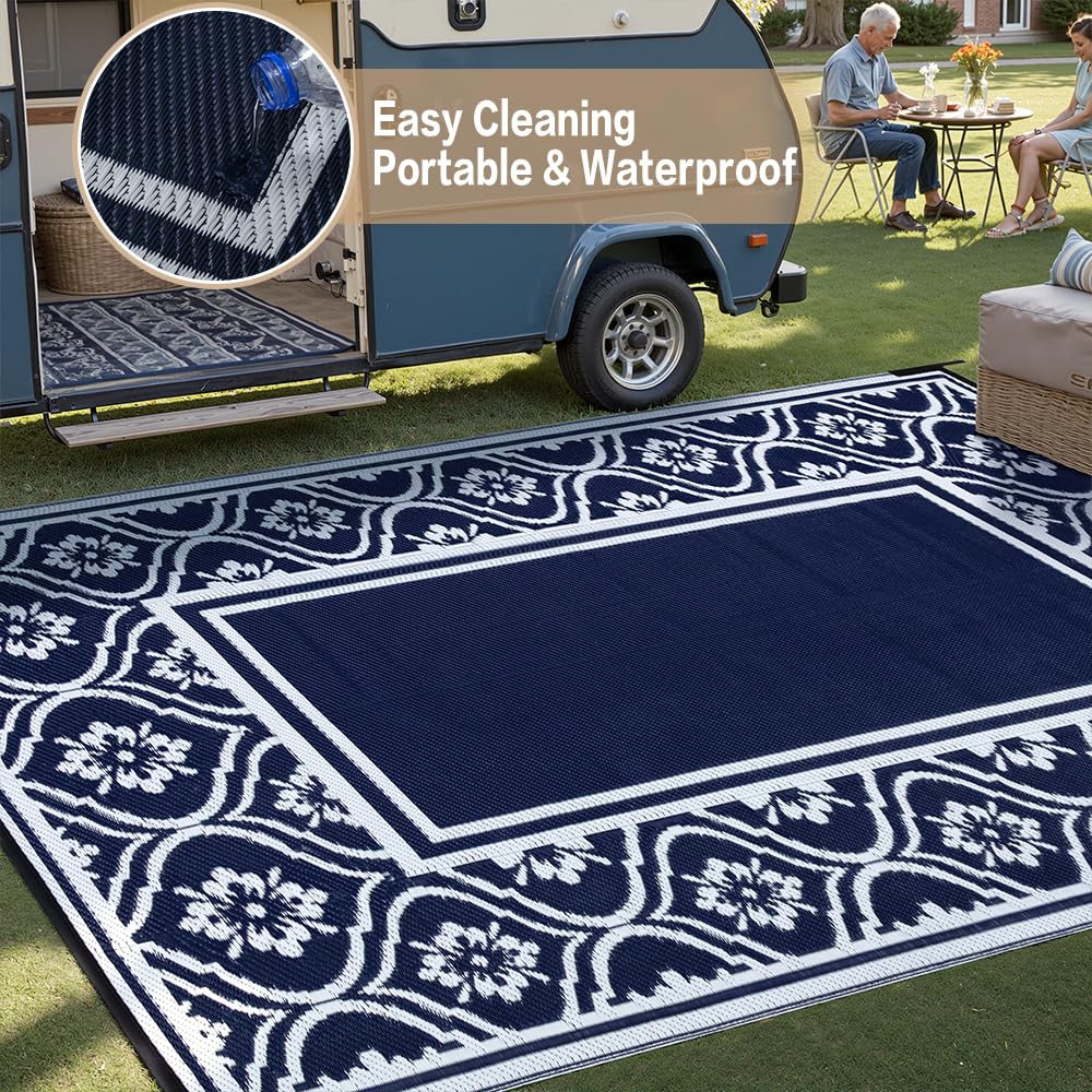 HUGEAR Plastic Outdoor Rug 6'x9' Waterproof Camping Carpet Outside Reversible Area Rug Blue Rugs for RV Deck Entryance Porch Picnic Balcony Beach