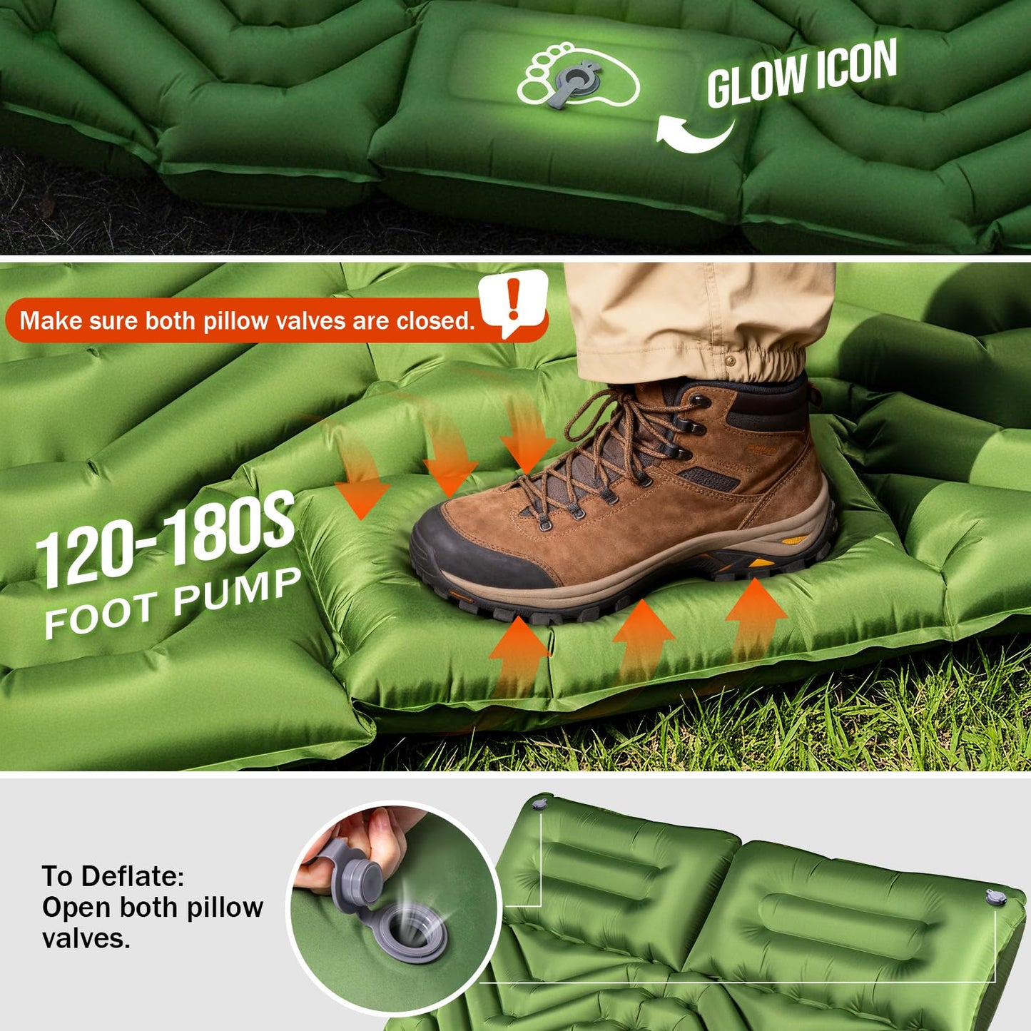 Double Sleeping Pad for Camping- 2 Person Camping Mattress with Pillow, Inflates in 60 Seconds Sleeping Pad with Pump-Electric/Foot Portable Air Pad for Backpacking, Hiking, Tent, Car Travel, Beach