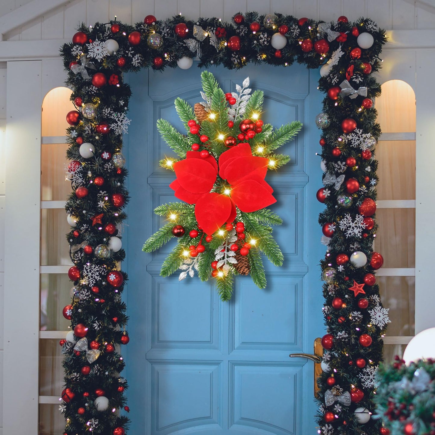 Hotop 3 Pcs Artificial Christmas Swag 17.7" Prelit Teardrop Christmas Swags for Stairs Xmas Garland with Lights for Decorating Outdoor Front Door Window Home(Red)