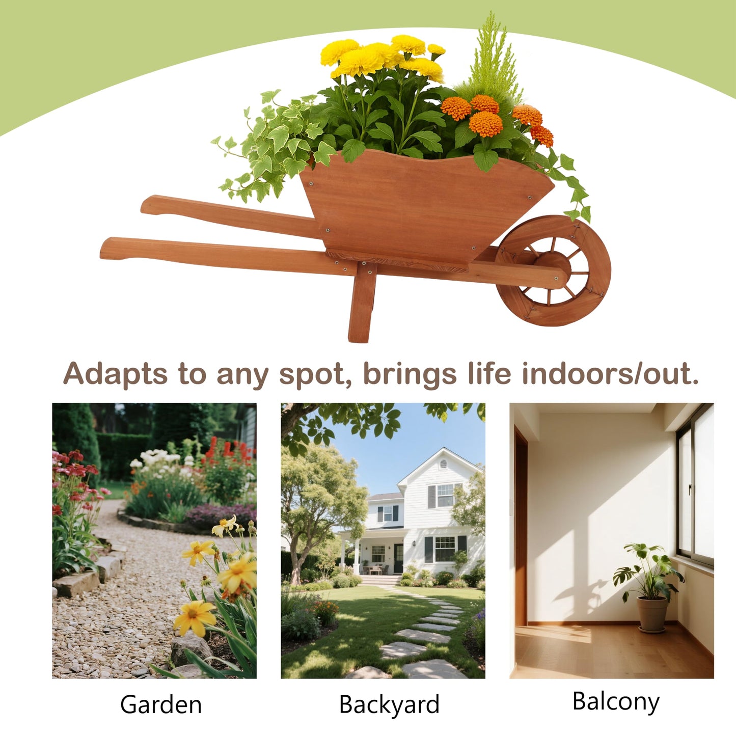 Beipoo Decorative Wooden Wagon Planter Box, Wood Wheelbarrow Planter with Handles, Drainage Hole, Wagon Garden Planter, Flower Cart for Indoor Outdoor Decor
