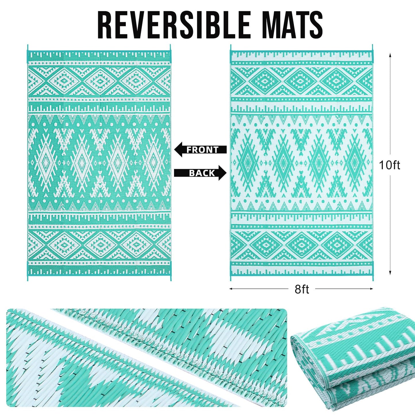 OLANLY Outdoor Rug Waterproof 8x10 ft, Reversible Outdoor Plastic Straw Rug, Boho Patio Rug, Indoor Outdoor Carpet, RV Mat Outside for Patio, Camp, Picnic, Balcony, Deck, Backyard, Turquoise & White