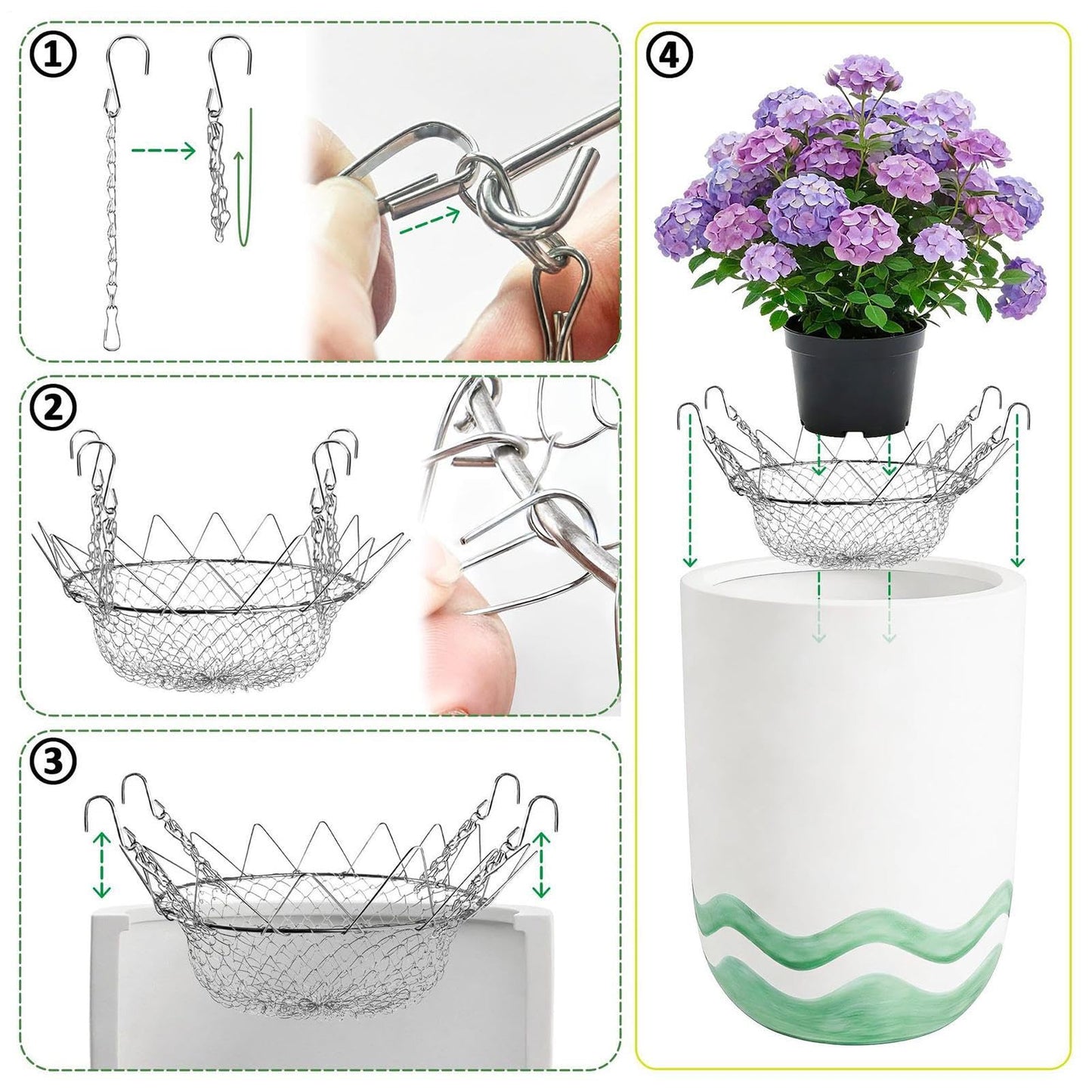 Adjustable Planter Insert, Heavy-Duty Rustproof Stainless Steel Plant Pot with Chains, Adjustable Planter Fillers + Durable Design + Outdoor, Indoor, Flower, Potted, Home Gardening Silver