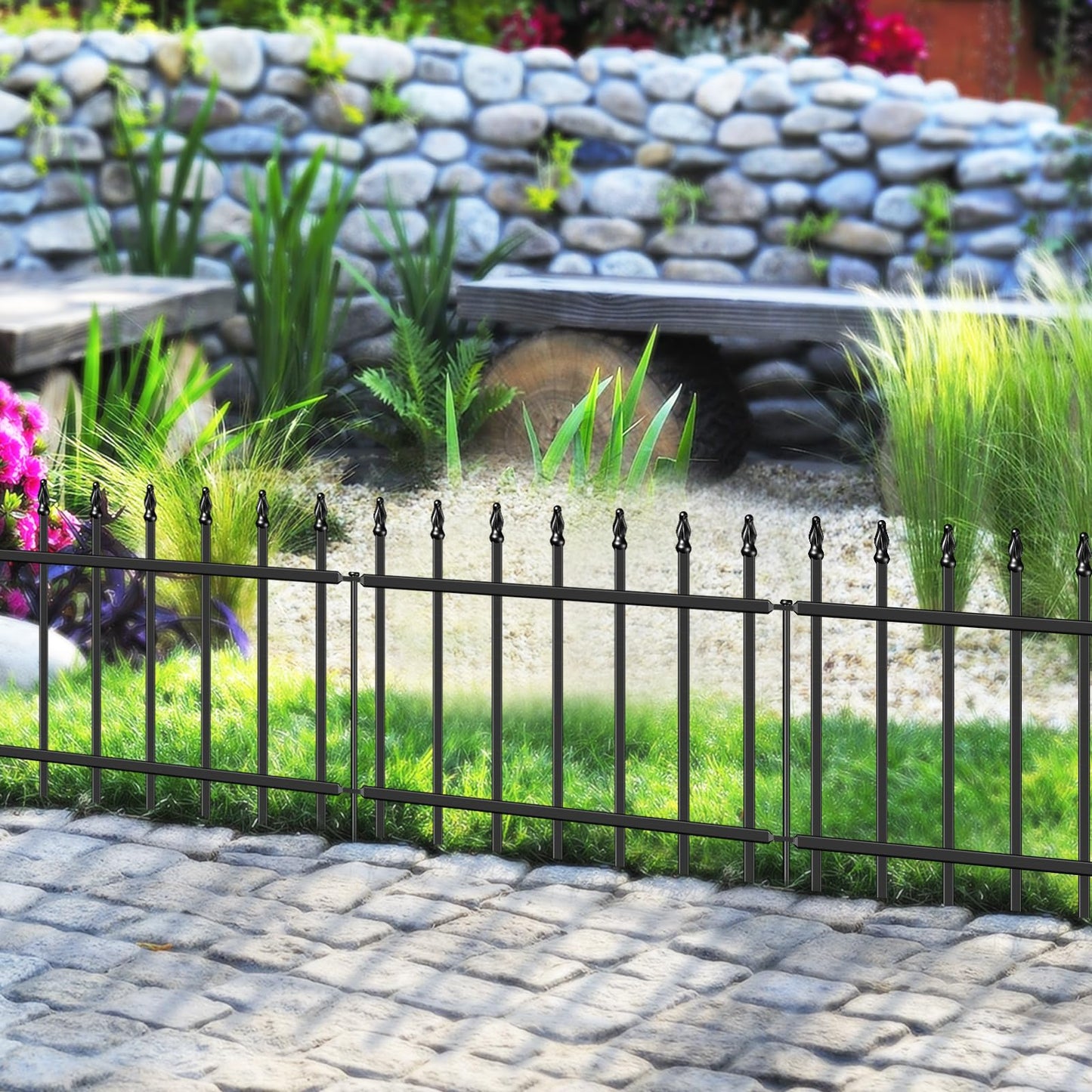 FOREHOGAR Decorative Metal Garden Fence 18 in H x 10 ft L, Small Border Roman Column Deco, Barrier Fencing for Yard Flower Bed Lawn Landscape Outdoor, 5 Panels + 6 Stakes Black