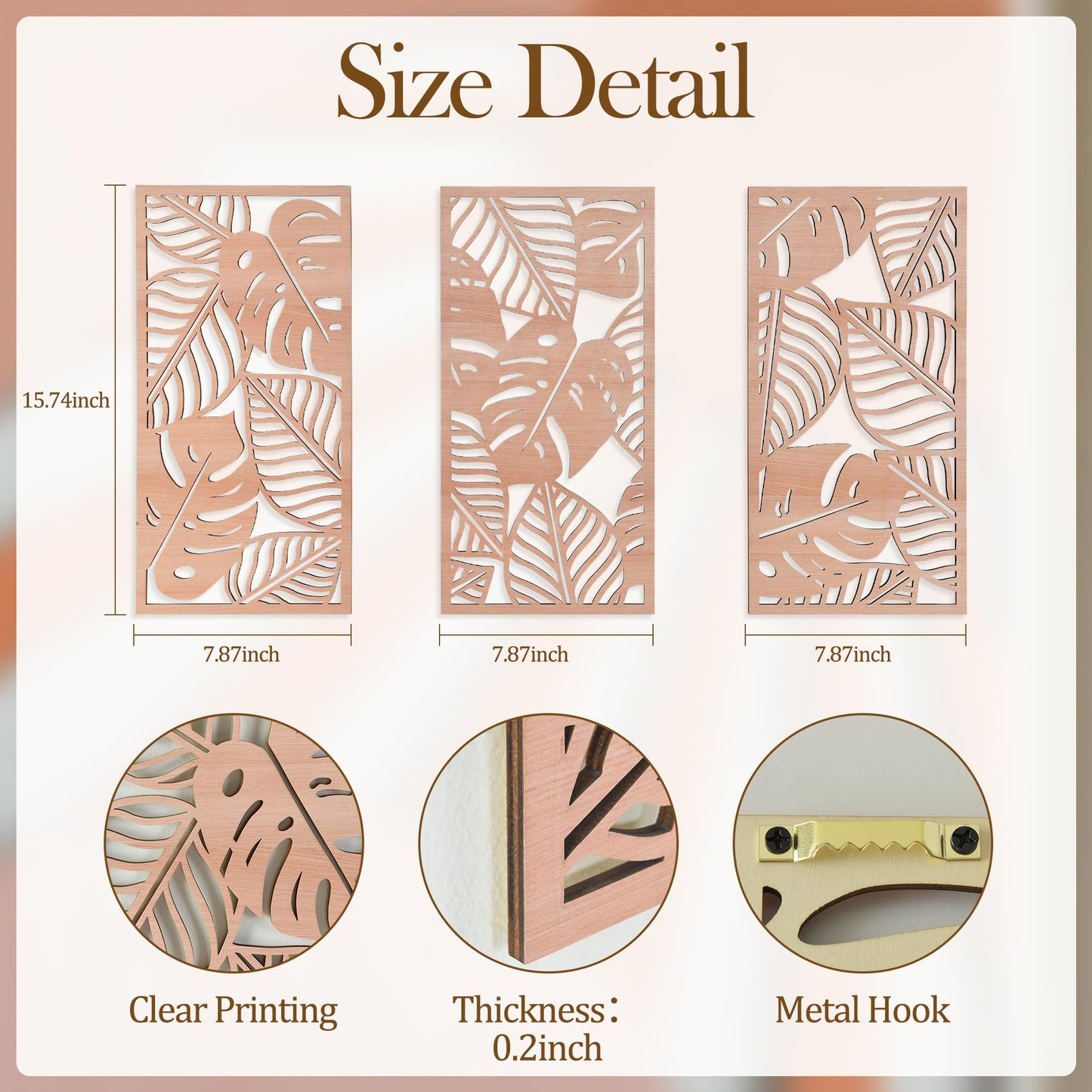 Tropical Decor 3D Wood Wall Art Set of 3, Carved Palm Tree Coastal Wall Decor, Hawaiian Wooden Wall Art for Bedroom, Bathroom, Living Room (Palm Leaf Cutout - 15.7 x 7.87 inch)