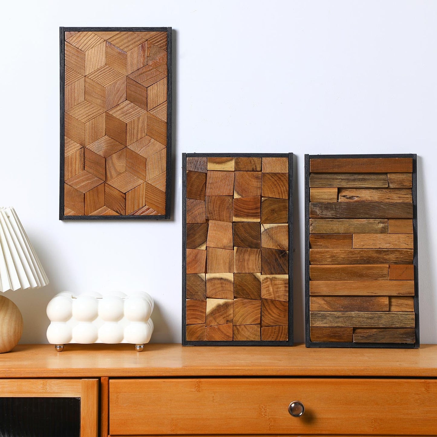 Glenmal 3 Pcs Wood Wall Art Decor 14 x 7 Inch Textured Wooden Wall Art Aesthetic Rustic Cubic Hanging Decor Framed Decorative Farmhouse Bedroom Boho Modern Home Decorations for Living Room