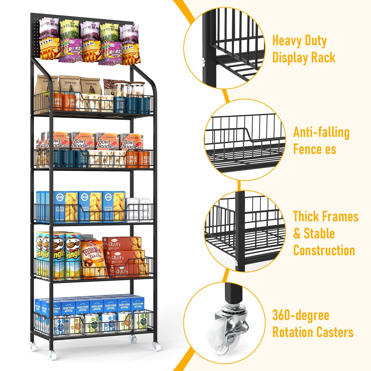 Qriocioa Retail Snack Display Stand,5-Tier Black Metal Storage Shelf Brackets with Wheels & Hooks,Metal Storage Shelves Heavy Duty, Retail Display Shelves Racks,Snack Organizer Stand Display Supplies