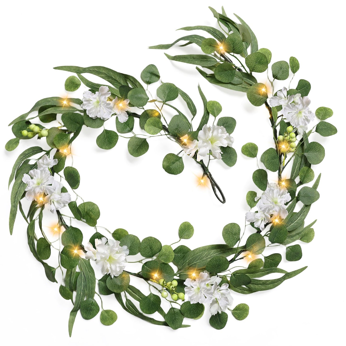 MDSTBN Eucalyptus Garland with Lights, 6FT Spring Garland Eucalyptus Leaves with Flower Berries Artificial Greenery Vine for Mantle Porch Wall Wedding Arch Backdrop Table Decoration