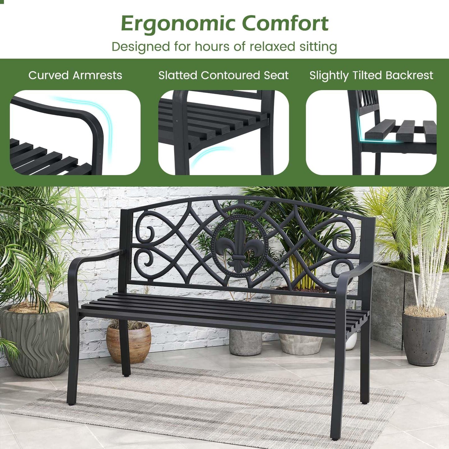 Giantex 50.5” Outdoor Bench with Metal Frame, Floral Design Cast Iron Backrest, Slatted Seat, Adjustable Foot Pads, Load 660Lbs, Garden Bench for Outside Patio Backyard Porch Park, Black