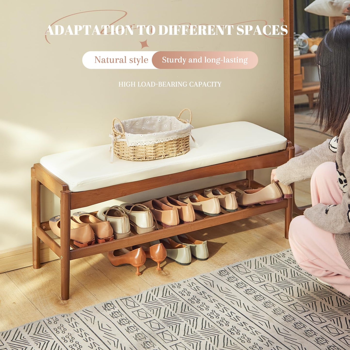 STDDRE Shoe Rack Bench Entryway Bamboo Shoe Storage Bench with Leather Cushion 2 Tiers Shoe Rack Entryway Bench for Hallway, Living Room,Bedroom(Beige Bench top+Brown Frame)