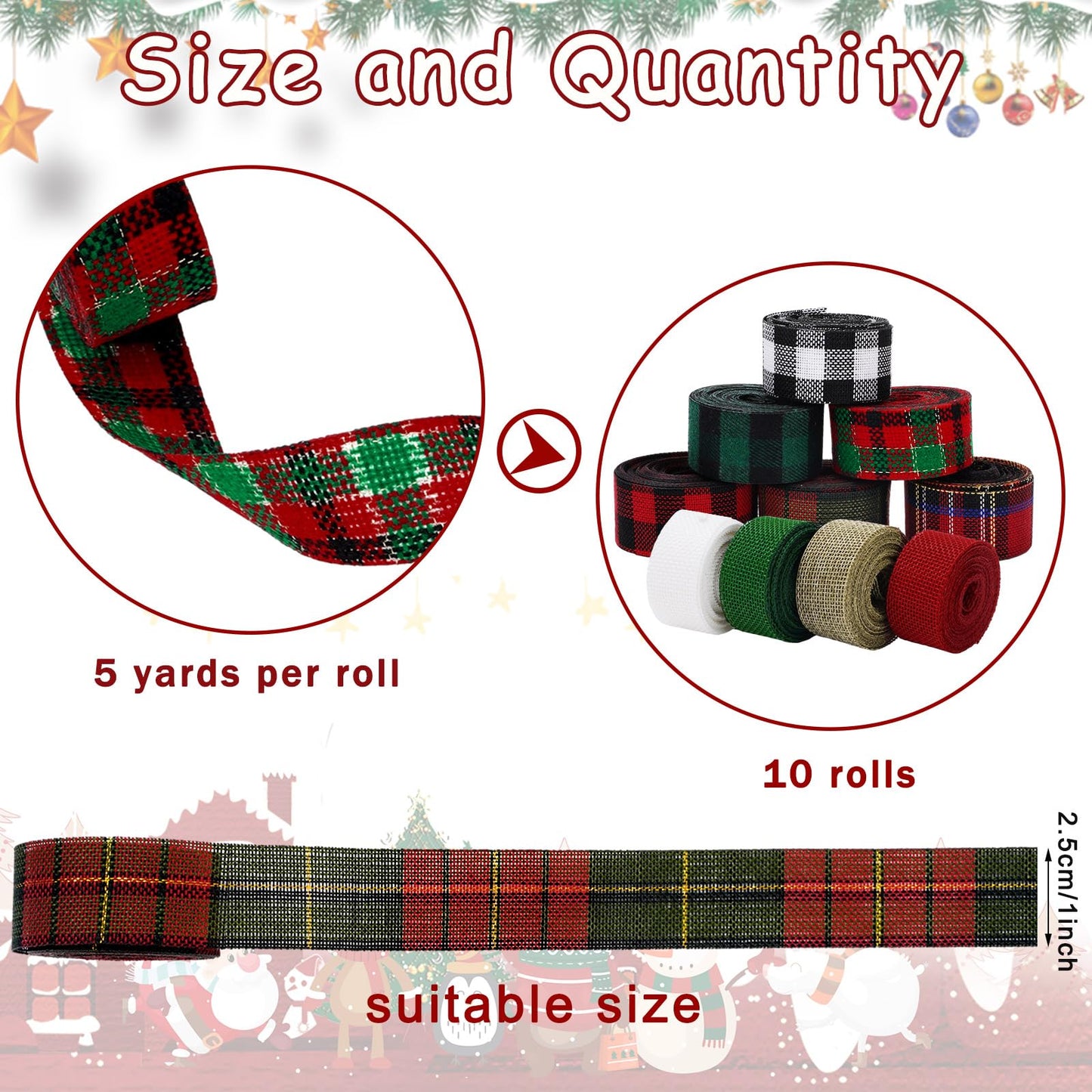 Whaline 10 Rolls 50 Yards Christmas Burlap Ribbon Rolls 1 Inch Wired Plaid Wrapping Ribbons Xmas Decorative Ribbon for Wreath Bow Gift Decor