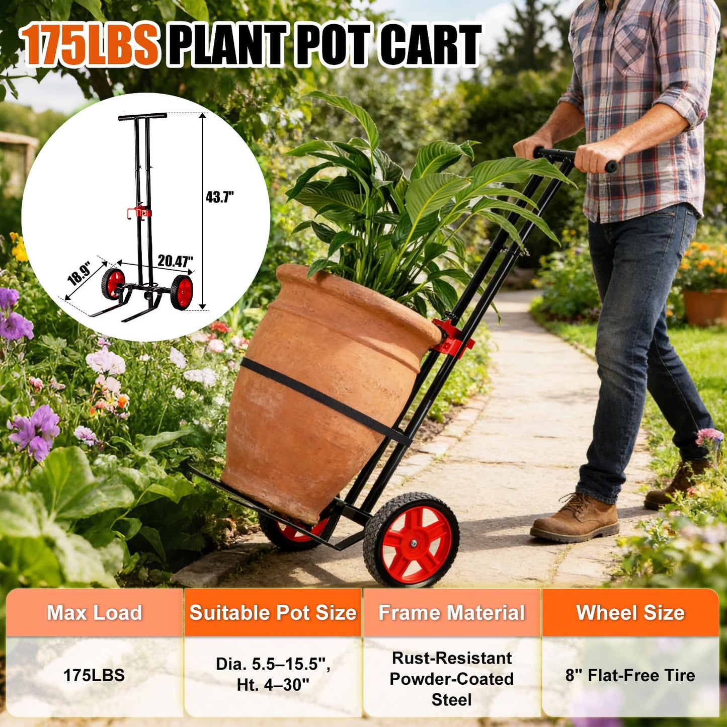 Garden Plant Dolly Cart with Wheels, Heavy Duty Plant Caddy with Adjustable Grabbing Arm, Potted Plant Mover with Suction Cups & Secure Strap, Indoor and Outdoor Gardening Cart Plant Pot Lifter
