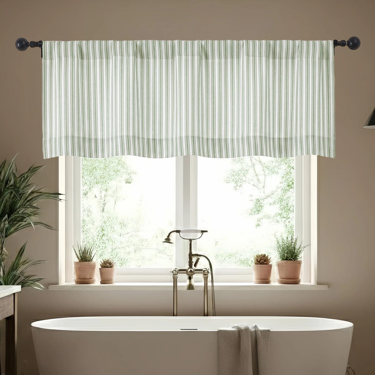 Chyhomenyc Striped Valances for Windows - Light Filtering Faux Linen Small Kitchen Valance Curtains, Boho Ticking Stripe Rod Pocket Farmhouse Valance for Living Room, 52Wx14L, 2 Pieces, Sage Green