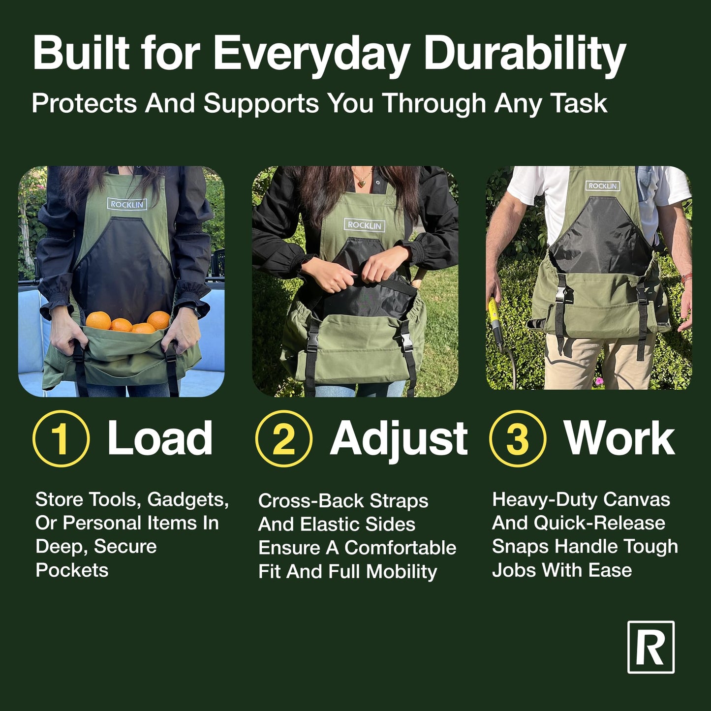 Rocklin Industry Heavy Duty Canvas Garden Apron For Women & Men Waterproof Lining With Deep Harvest Pouch | Green