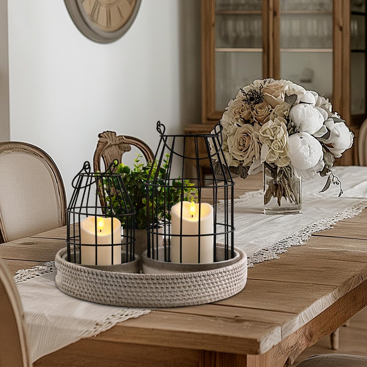 Homemory Rustic Farmhouse Lantern Decor with Flameless Candle & Remote Timer, 2PCS Stylish Metal Candle Holder Home Decorations for Fireplace Mantle Kitchen Dining Table Living Room