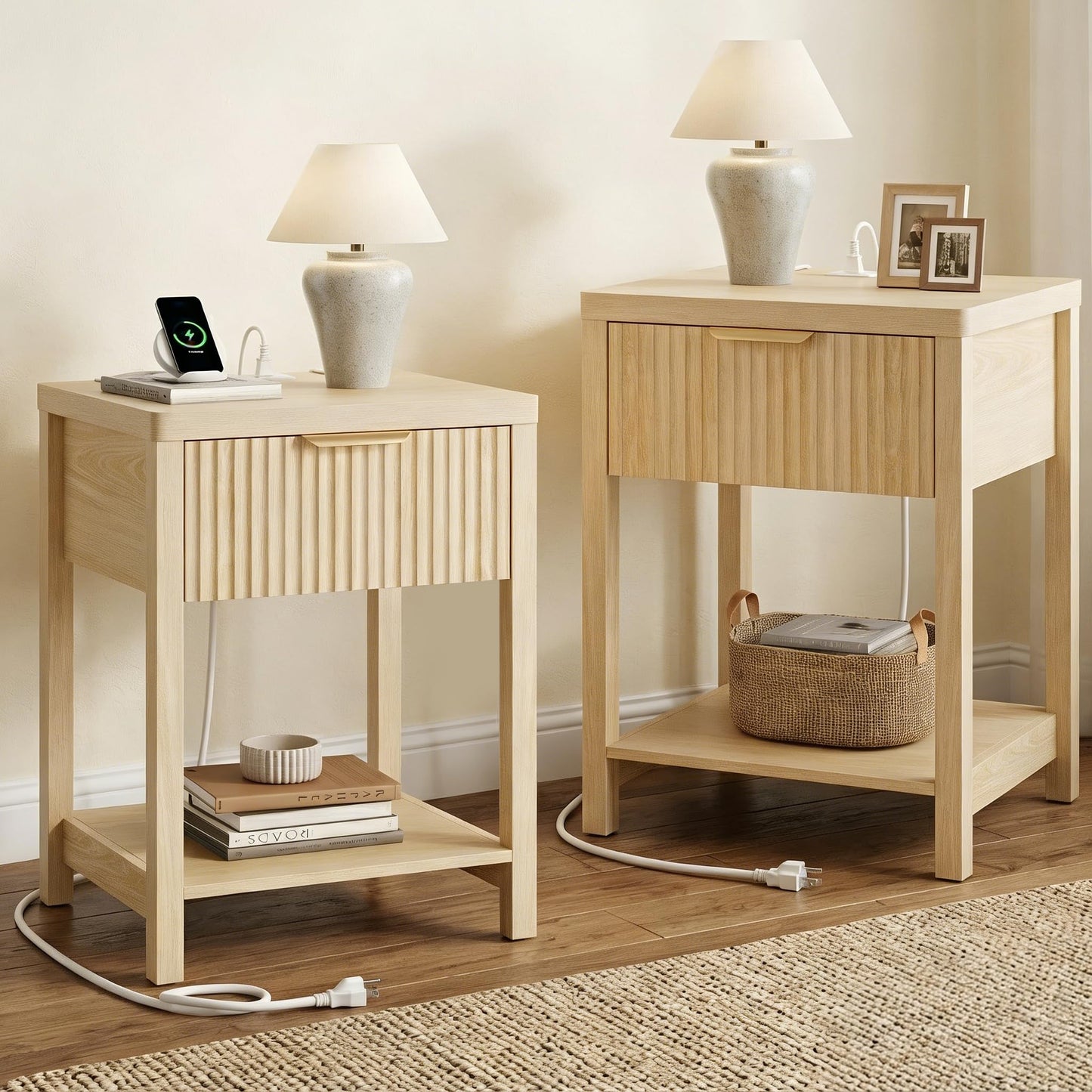 Lulive Night Stand Set 2, Fluted Nightstand with Charging Station, Wood Modern Bedside End Table with Storage Drawer for Bedroom, Save Space (Set of 2, Natural Oak)
