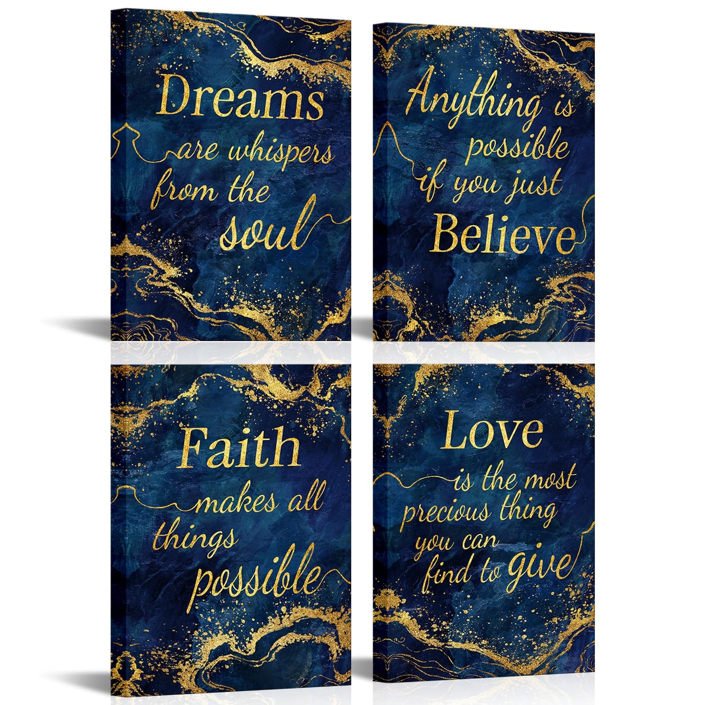 LevvArts Inspirational Wall Art Love Faith Believe Dream Wall Decor Motivaional Encouraging Canvas Prints Blue and Gold Pictures Decoration (Blue)