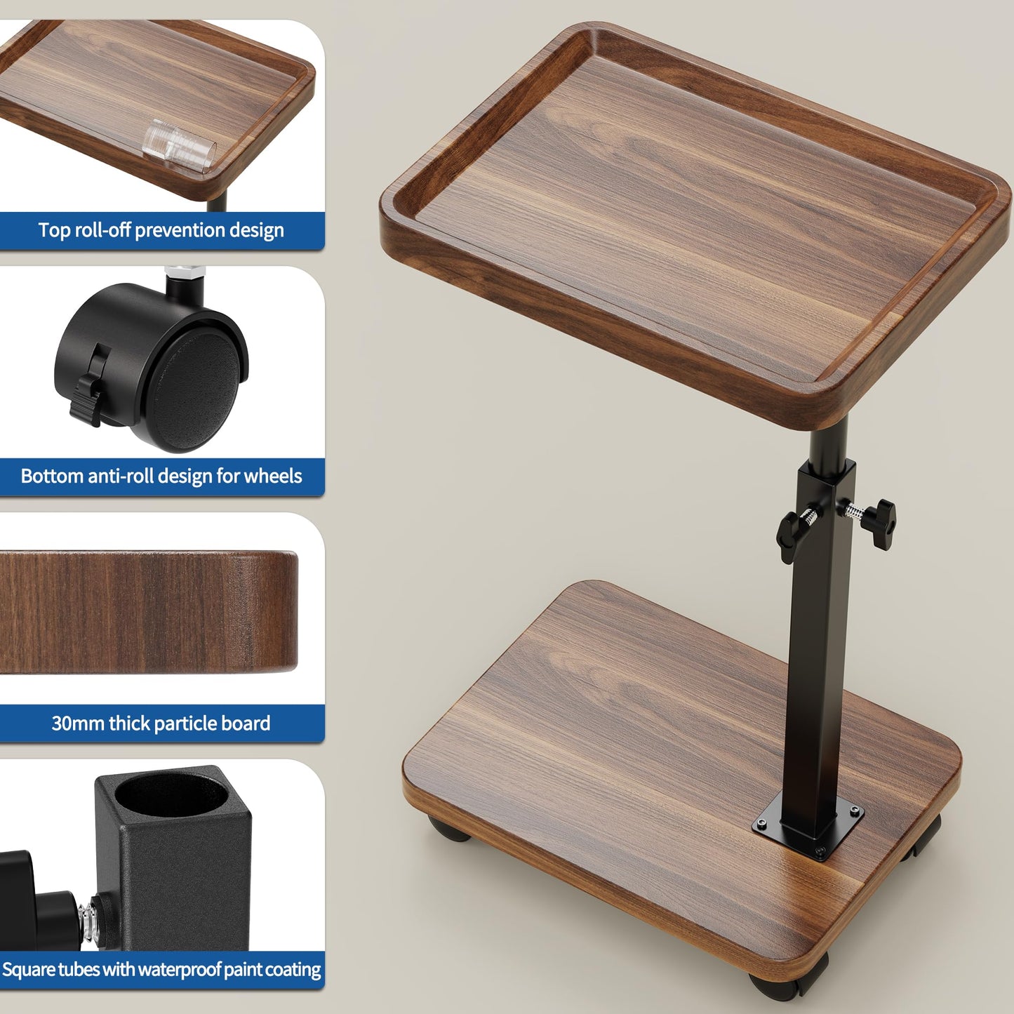 SJIE C Table End Table Adjustable Height, 360°Swivel TV Tray Table for Small Spaces, Side Tables with Wheels for Living Room and Bedroom, Bed (Walnut)