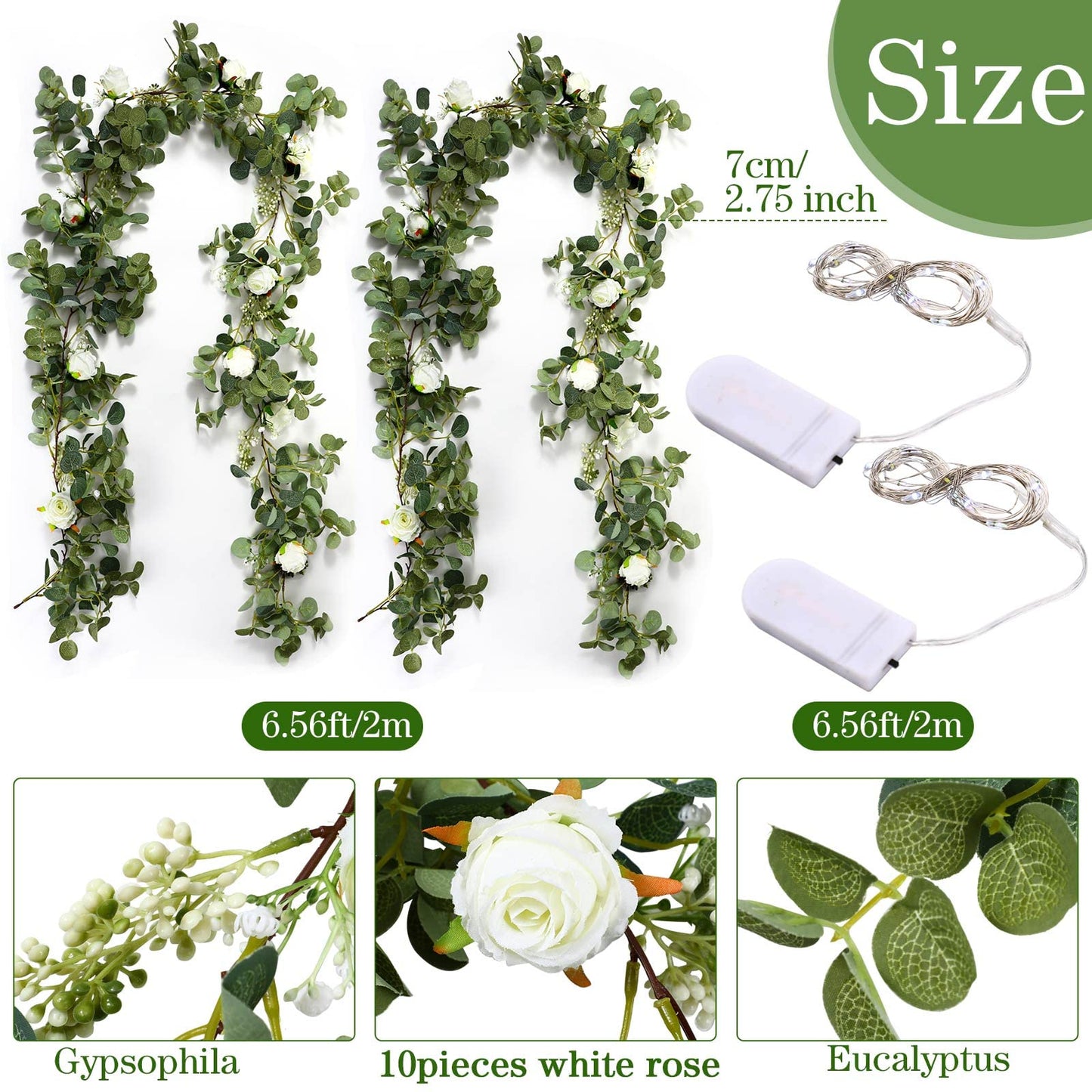 2 Pieces 6.5 ft Eucalyptus Garland with 20 LED Light Bar and Rose Flowers Artificial Eucalyptus Flower Vines for Wedding Arch Party Tables Centerpiece Backdrop Party Decor