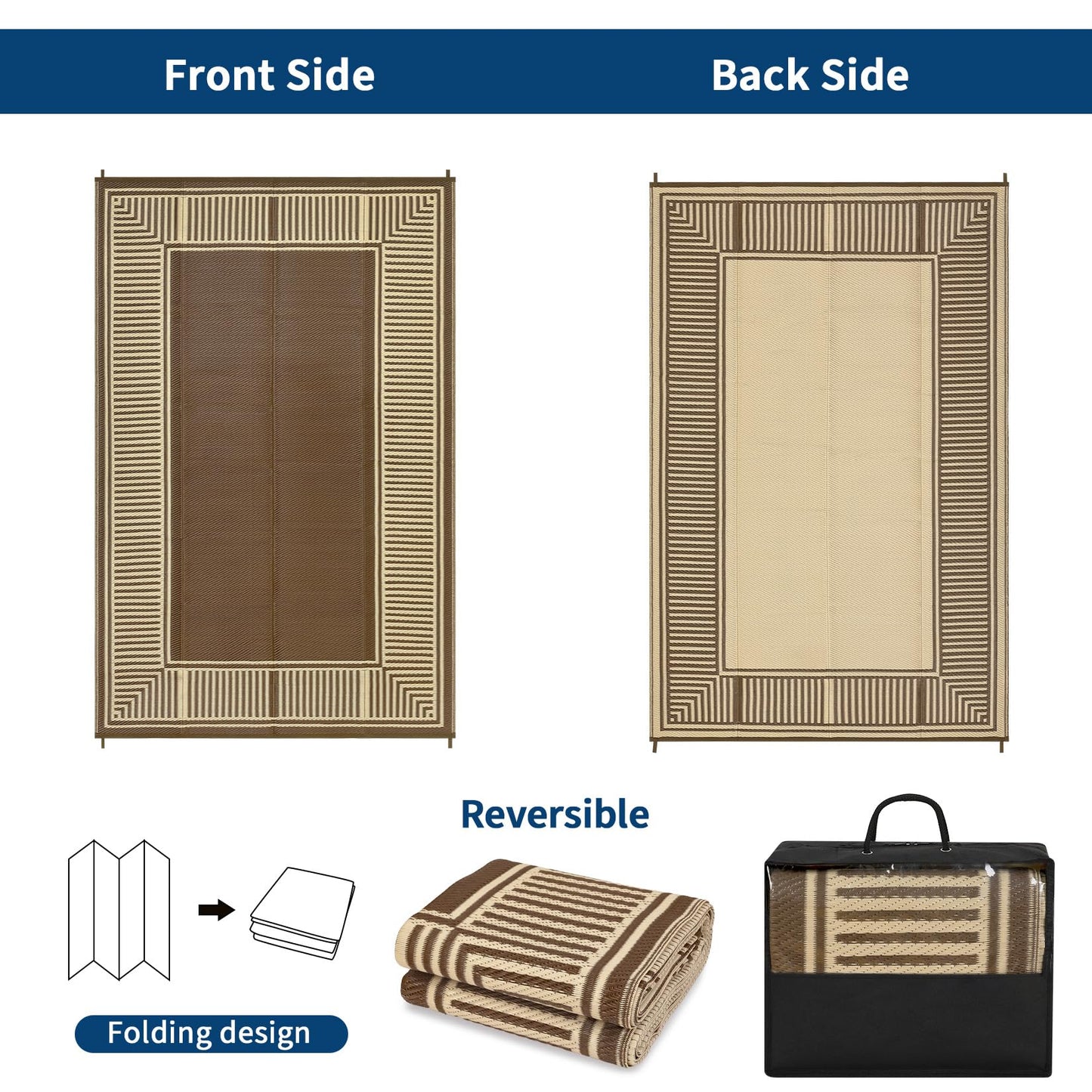 IDEALHOUSE Outdoor Rug 10'x20' Reversible Portable Lightweight Waterproof UV Resistant Plastic Straw Patio Mat for RV Camping Picnic Deck Backyard Peony Brown