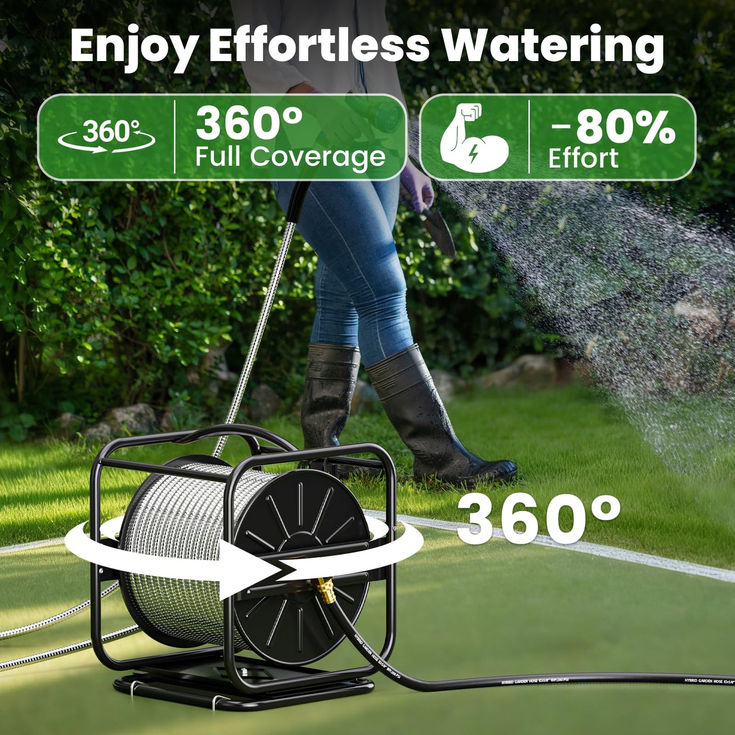 SPECILITE Garden Hose Reels, Holds 100 to 200 FT Hoses, Upgraded Guide System, 360° Swivel Base, Includes 5/8'' x 6ft Leader Hose for Outside, Yard, Wall Mount/Floor Water Pipe Spool