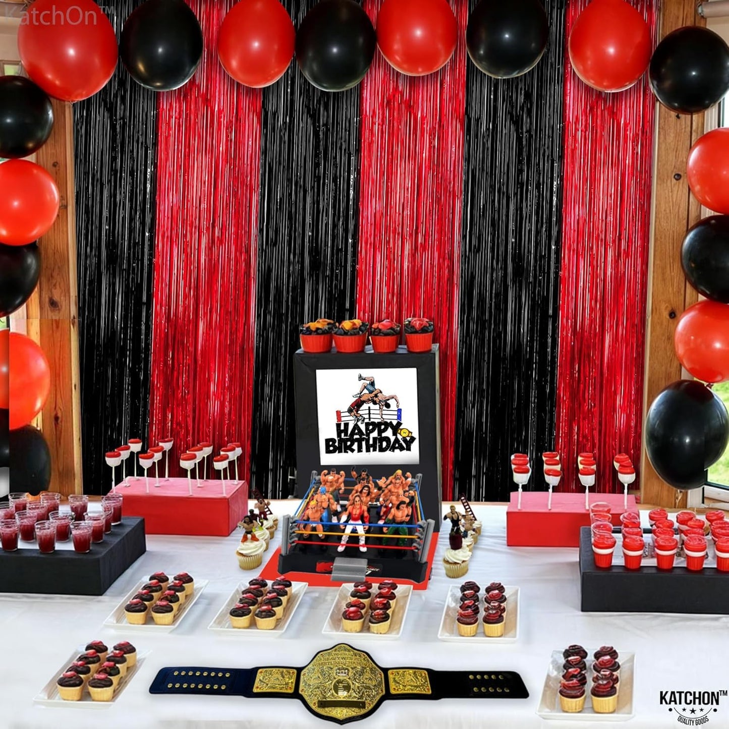 KatchOn Red and Black Fringe Curtain - 6.4x8 Ft Pack of 2 | Red and Black Streamers for Casino Theme Party Decorations | Foil Fringe for Anniversary, Bachelorette | Graduation Decorations 2026