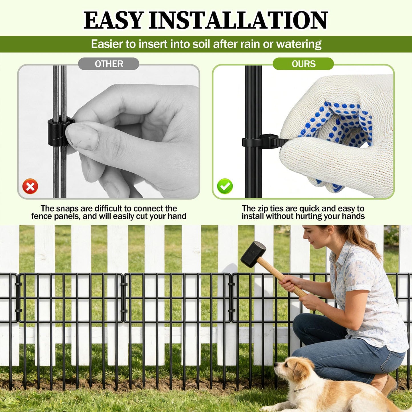 17in (H) x 27ft (L) Garden Fence Animal Barrier, 25 Panels Decorative Garden Fence Border, No Dig Garden Fence Panels, 1.3in Gap Rustproof Metal Stakes, Ground Defense Border Fence for Outdoor, Yard