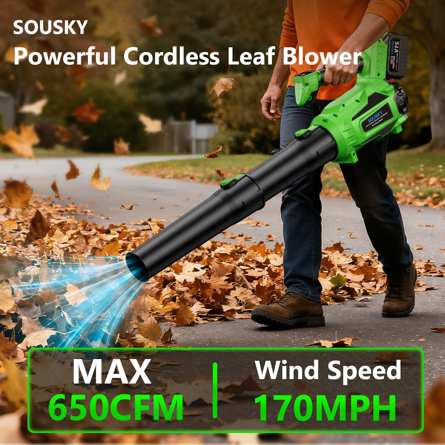 SOUSKY Leaf Blower Cordless, Battery Leaf Blower with 2 * 6.0Ah Batteries and Charger, 21V Brushless Electric Leaf Blowers with 5 Speed Levels and Turbo Mode for Lawn Care,Blowing Leaves,Yard Cleanup