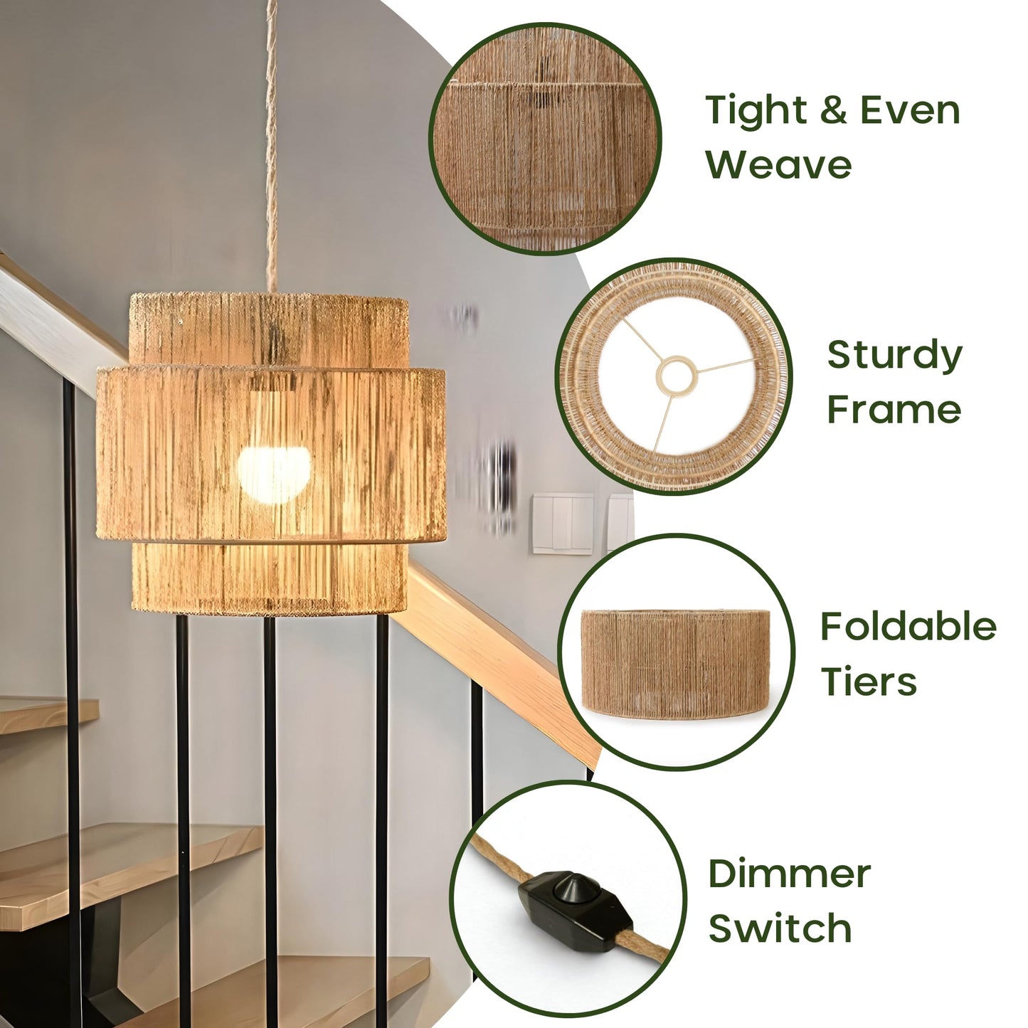 Chi An Home 11.8" Boho Jute Plug in Pendant Light, Handwoven Natural Hanging Lamp Plug in with Dimmable Light Switch, Wicker Hanging Light Fixture for Bedroom Living Room Kitchen (No Bulb Included)