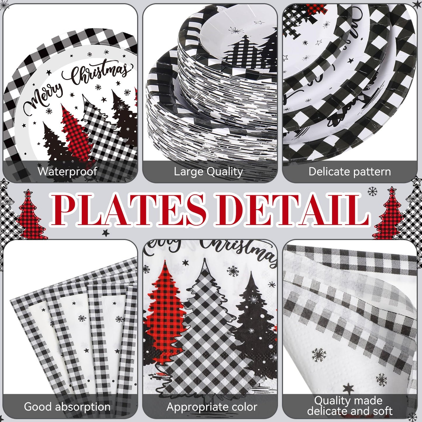Funnymoom 452 Pcs Christmas Tree Party Supplies for 50, Black Buffalo Plaid Gingham Christmas Paper Plates Napkins Cups Tablecloth Cutlery Straws Tableware Set for Xmas Holiday Party Decorations