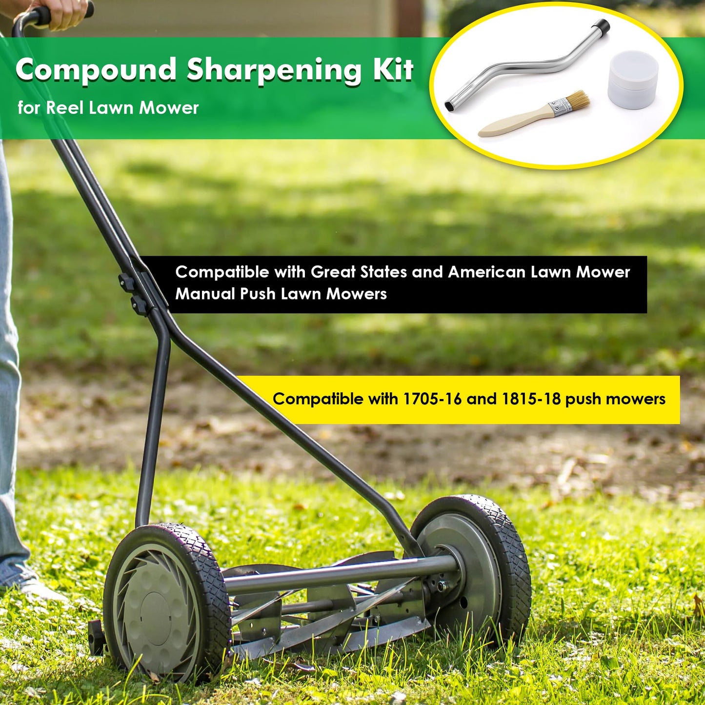 Dunkive Compound Sharpening Kit, Reel Lawn Mower Sharpening Kit Compatible with Great States and American Lawn Mower Manual Push Lawn Mowers, Includes Back Lapping Crank, Compound and Brush