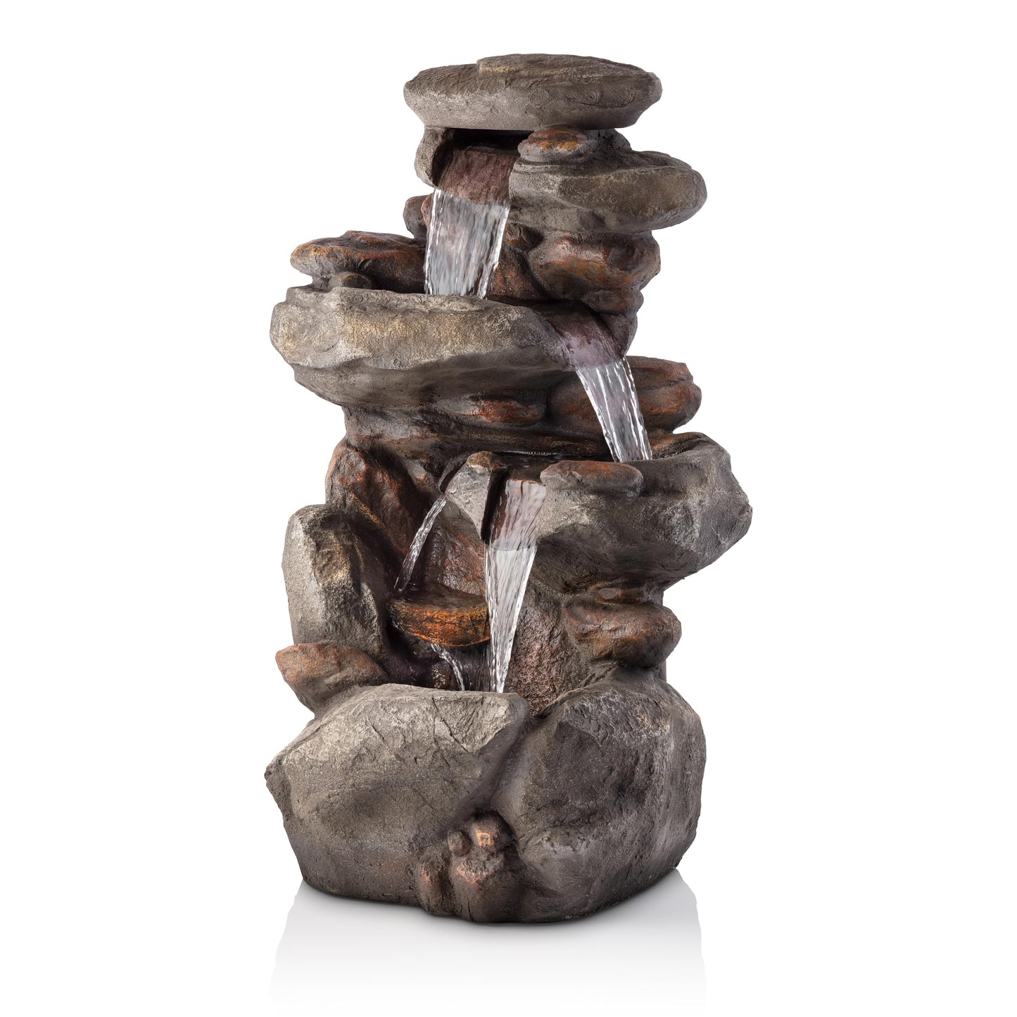 Alpine Corporation | 40" 4-Tier Rock Floor Fountain with Cascading Water & White LED Lights, Tranquil Outdoor Water Feature for Garden, Patio, Yard & Deck, Light Gray