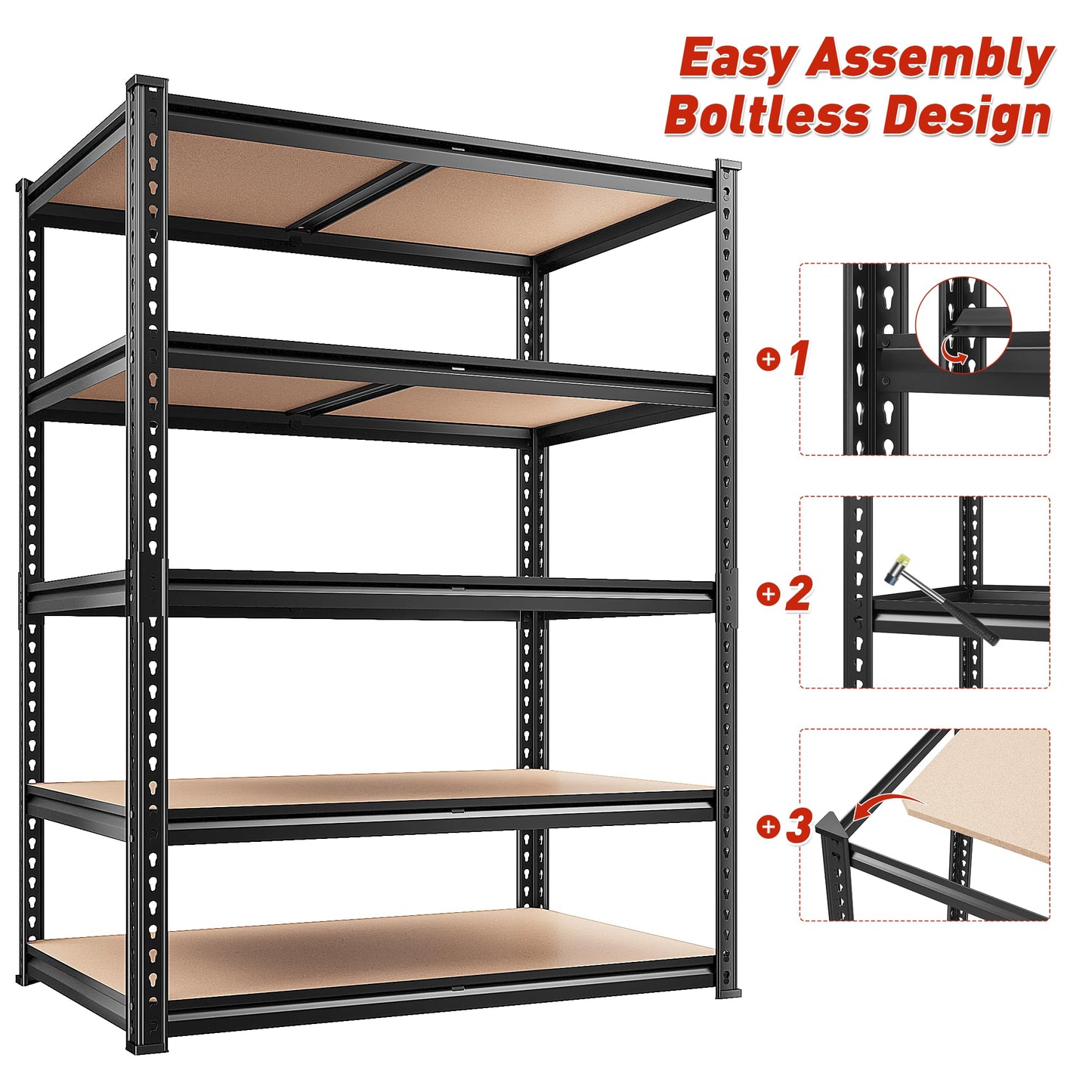 REIBII 2400LBS Storage Shelves 5 Tier Garage Shelving Heavy Duty, Adjustable Metal Shelving Unit, Garage Shelves for Basement, Warehouse, Pantry, Closet, Kitchen 72" H x 35.55" W x 16" D, Black