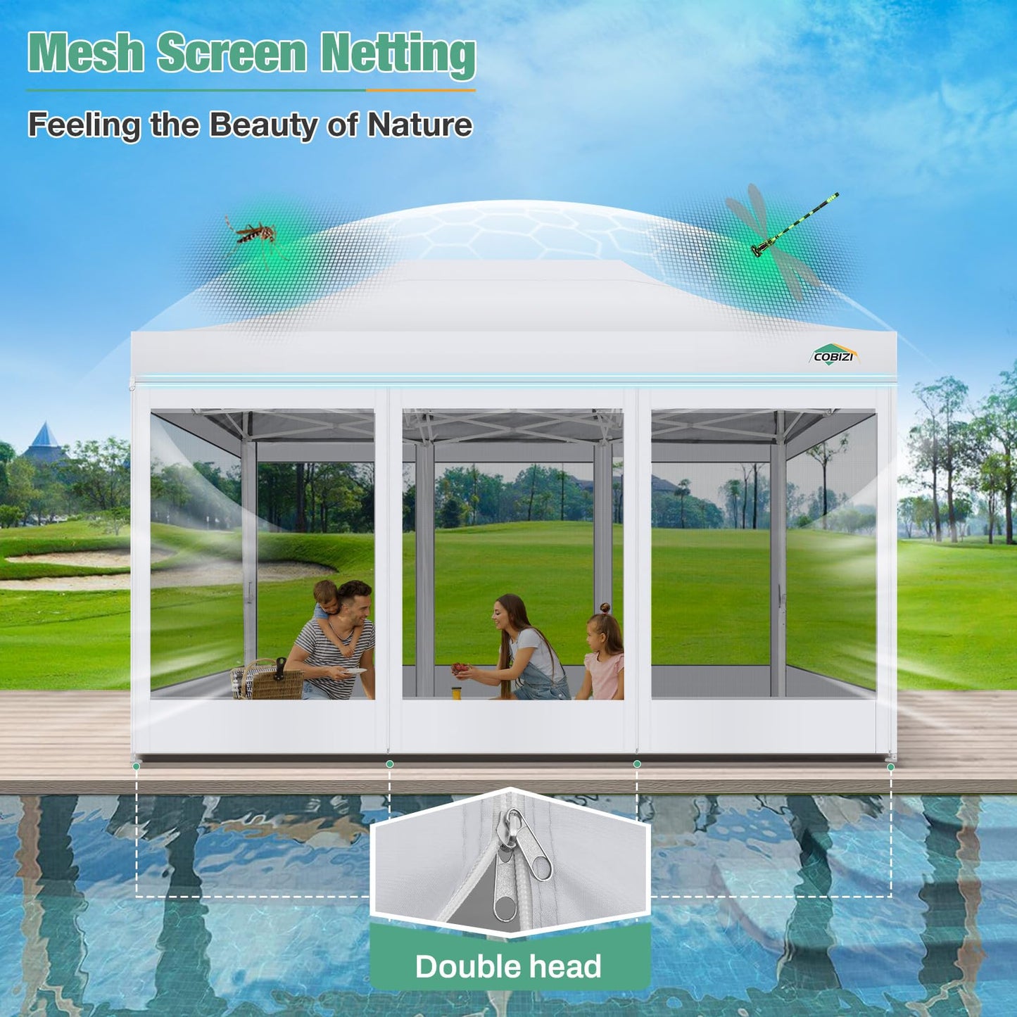 COBIZI 10x15 Canopy Tent, Heavy Duty Pop up Canopy with Sidewalls, Waterproof Easy Setup Tent with Mosquito Netting, Outdoor Instant Screen Tents for Parties, Wedding, Backyard with Carry Bag, White
