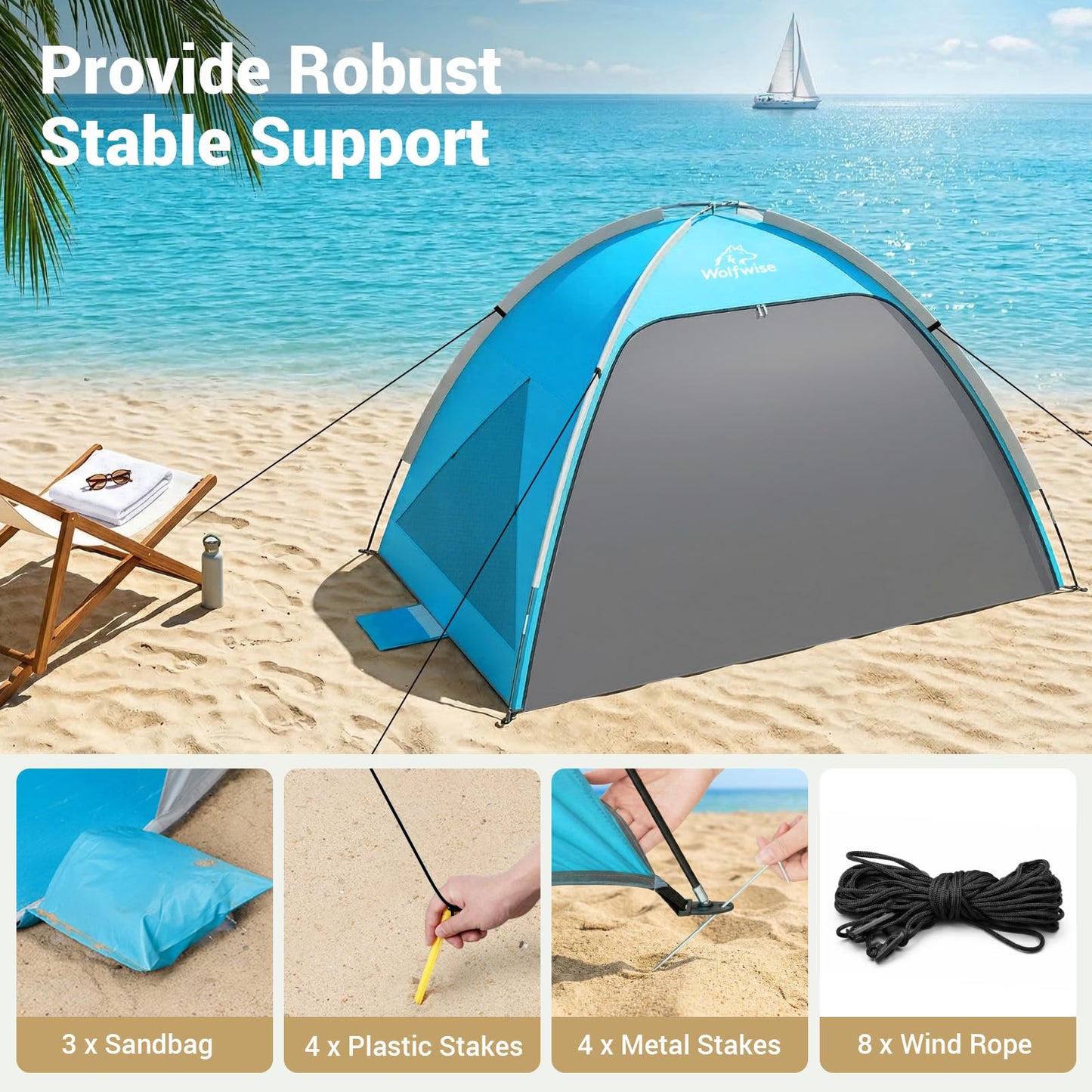 Wolfwise Large Beach Tent Sun Shelter for 3-4 Person, Spacious Sun Shade UPF 50+ UV Protection, Extendable Floor for Privacy, 3 Ventilated Mesh Windows, Portable with Carrying Bag, 95 ″x65″x55″, Blue
