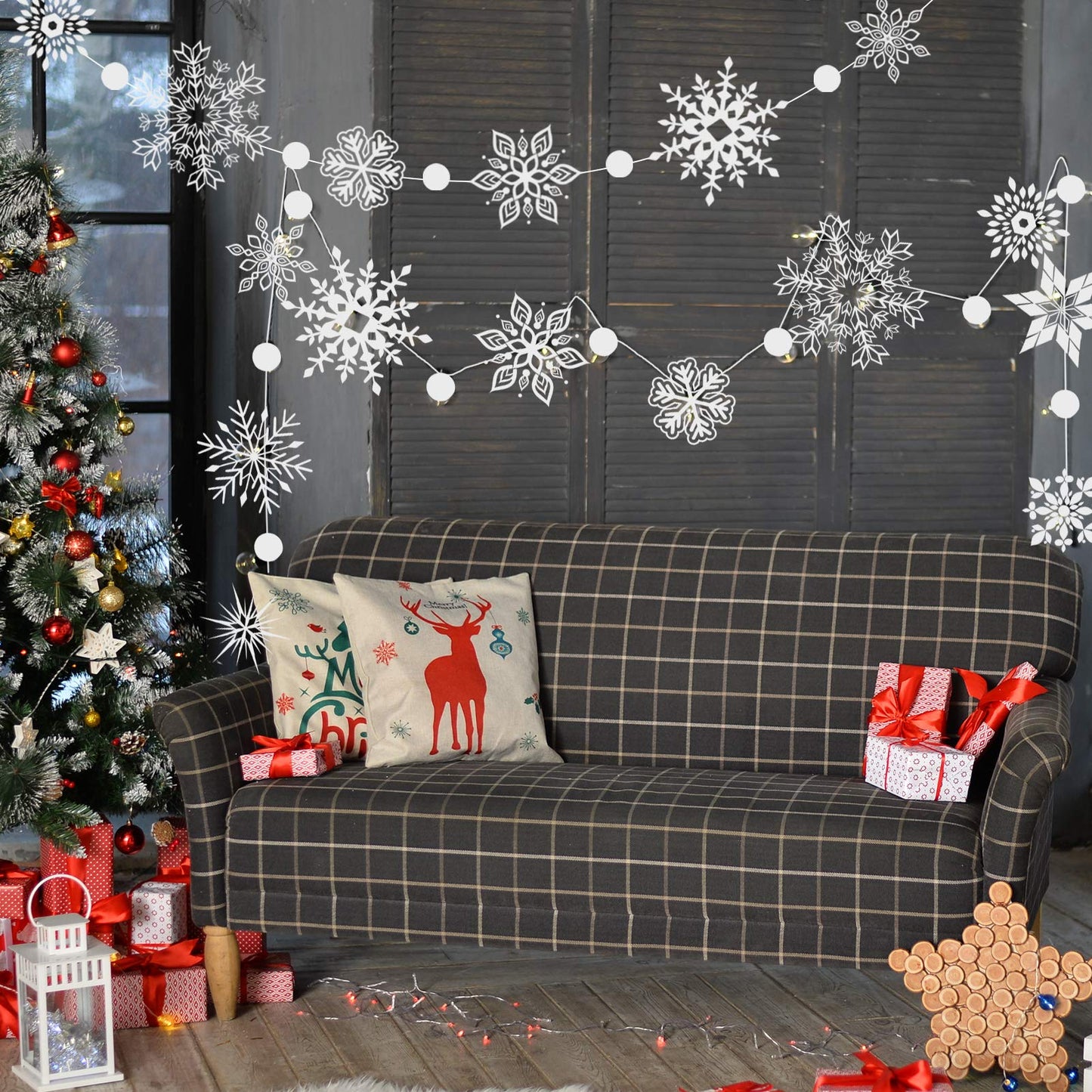 Konsait 16.4ft Winter Snowflake Hanging Garland Christmas Decoration, 2 Strings Snowflakes Ornaments Garland for Christmas Winter Wonderland Holiday New Year Party Home Decorations Supplies
