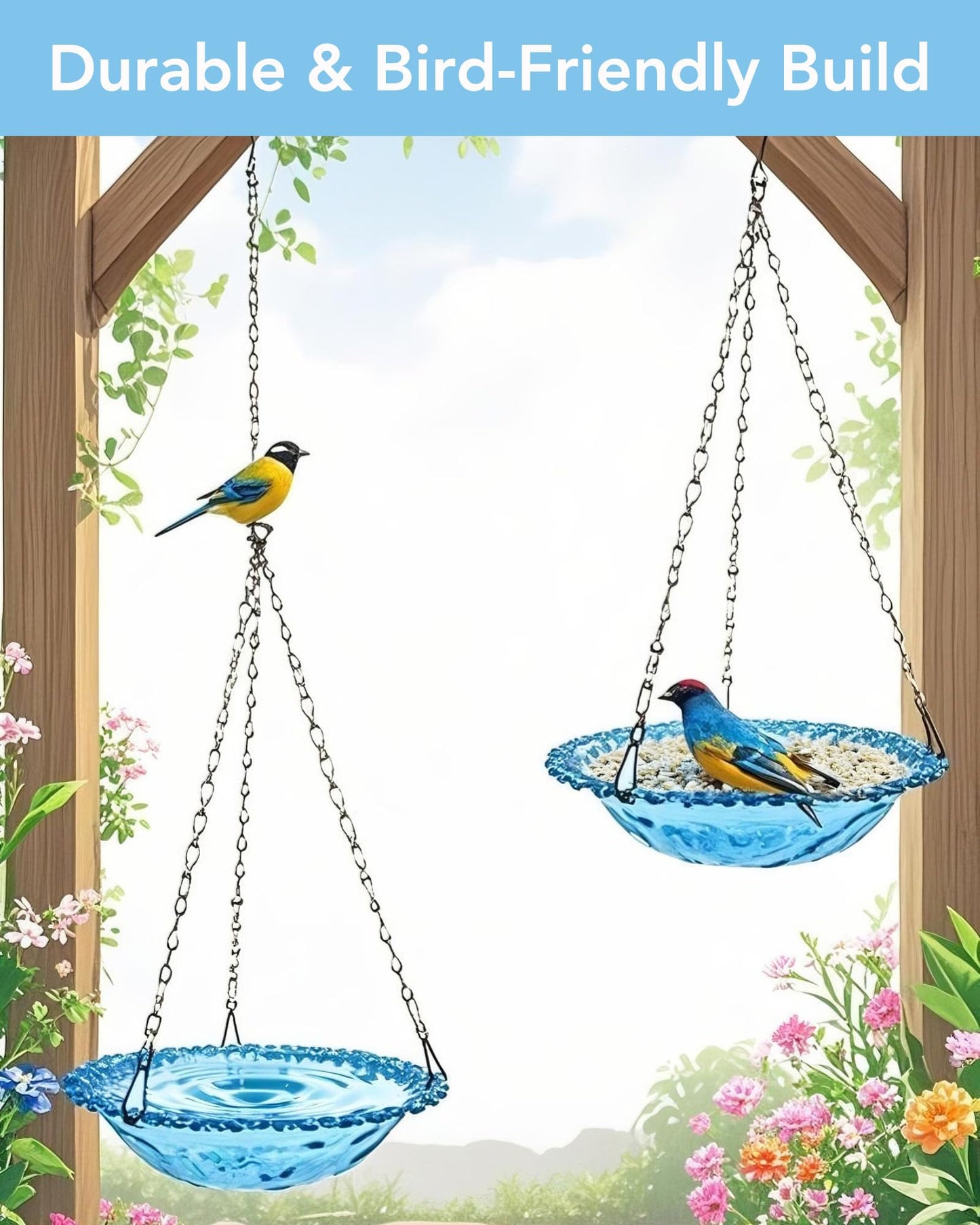 Aiqriwv 2 Pack Hanging Bird Baths and Feeders for Outdoors, Plastic Bird Bath Bowl & Hanging Feeder for Garden Yard Decor,Nature Blue