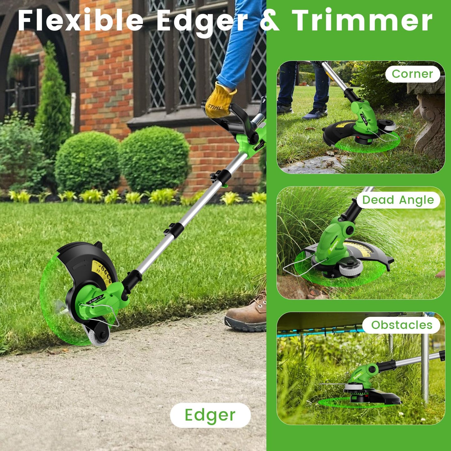 20V 12" Cordless String Trimmer With 2 X 4.0ah Battery and Charger, Electric Grass Trimmer Battery Powered Eater String, Edger Lawn Tool Grass Cutter With 8pcs Line, Lawn Mover For Yard, Garden, Green