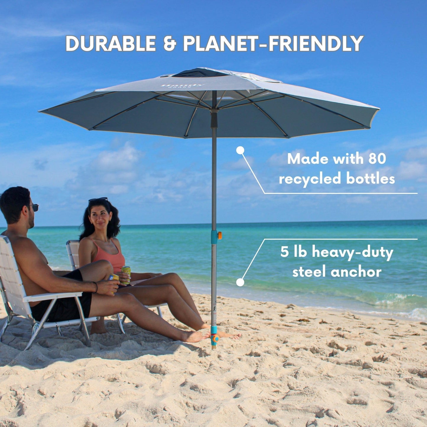 Handy Beach Umbrella with 10 Second Easy Setup Hammer In Anchor - 7ft Large Portable Heavy Duty High Wind Stability Beach Umbrellas For Sand-ASTM F3681 Safety Verified-Silver Coated UPF 55-2026 Model